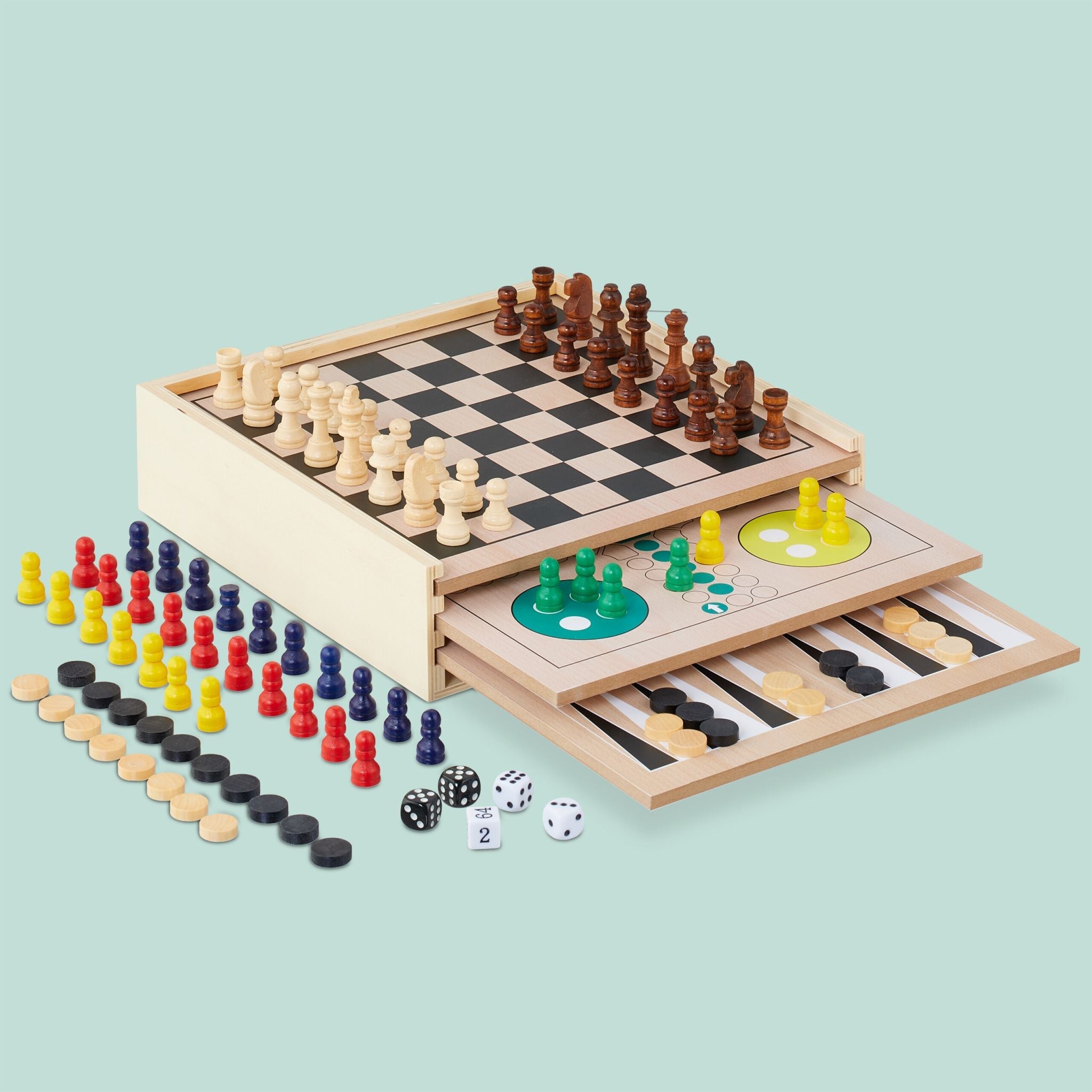 Spielesammlung mit 7 Brettspielen Grün-Hellbraun-Schwarz von Relaxdays