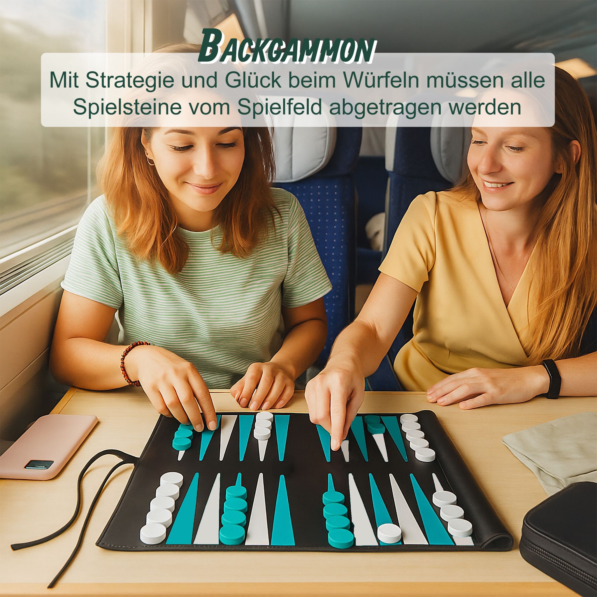 Backgammon zum Aufrollen Weiss-Schwarz-Türkis