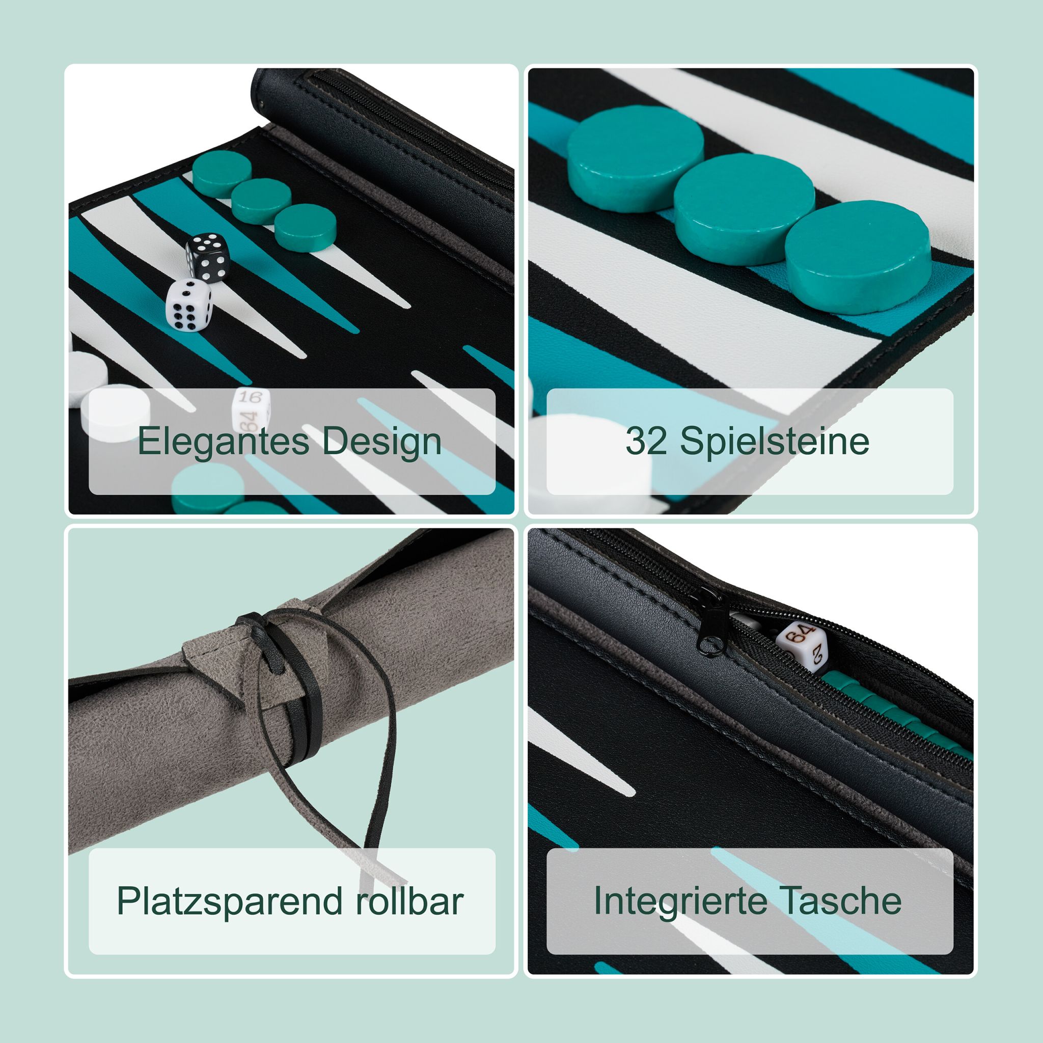 Backgammon zum Aufrollen Weiss-Schwarz-Türkis