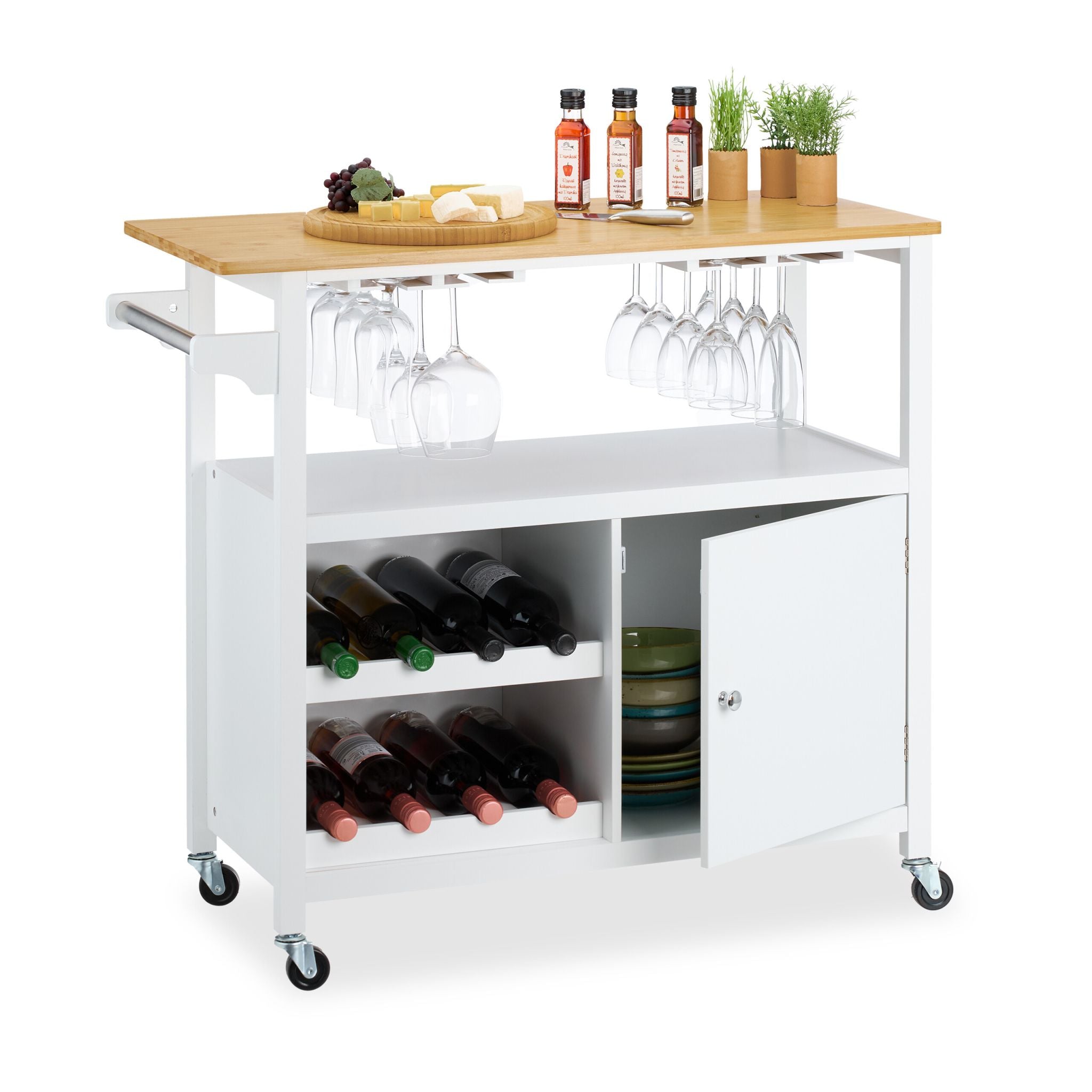Küchenwagen mit Weinregal & Gläserhalter Weiss-Hellbraun von Relaxdays