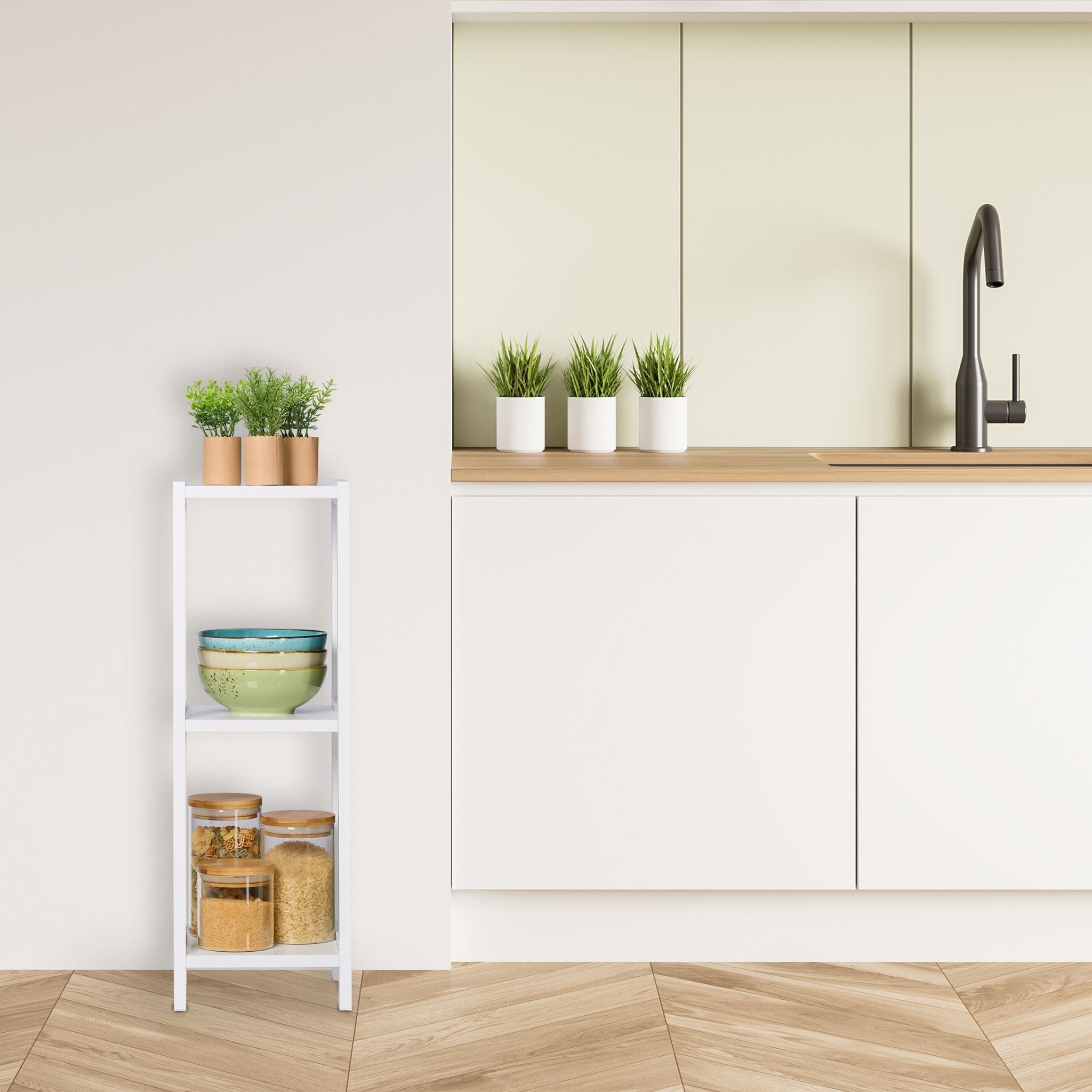 Kleines Standregal mit 3 Ablagen Weiss
