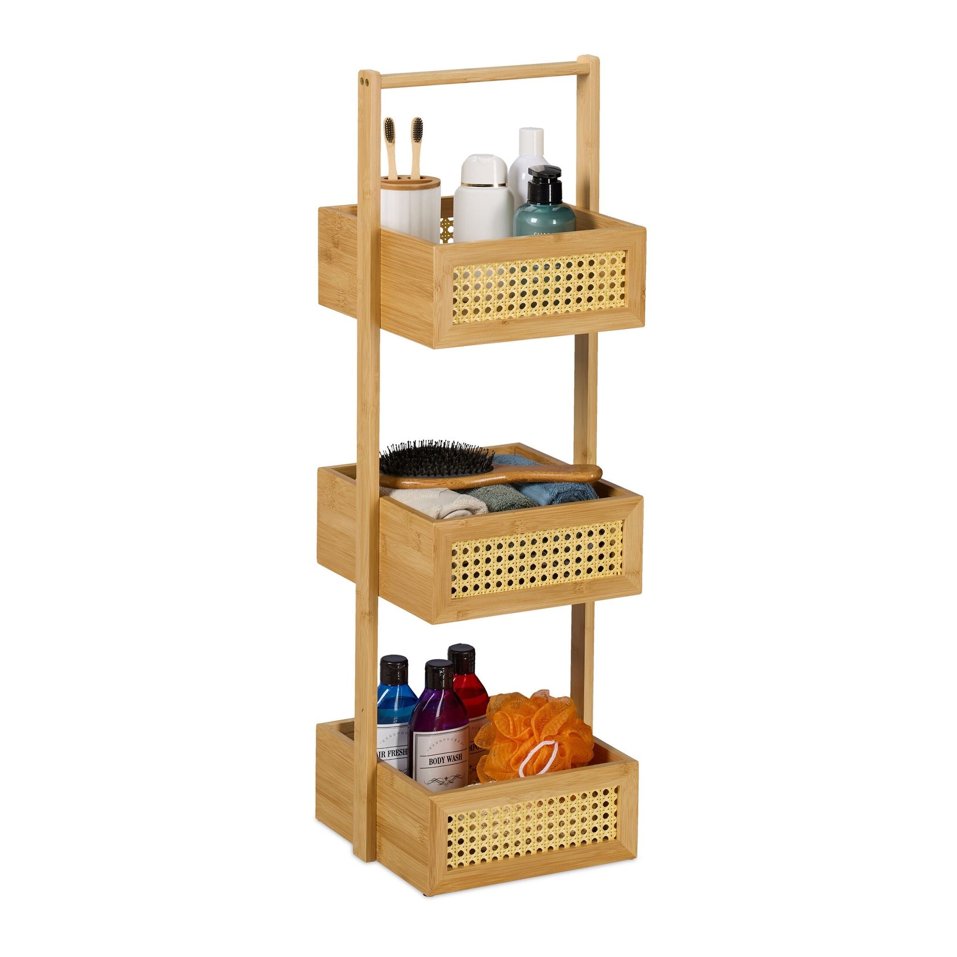 Badregal Bambus & Rattan mit 3 Ablagen Hellbraun von Relaxdays