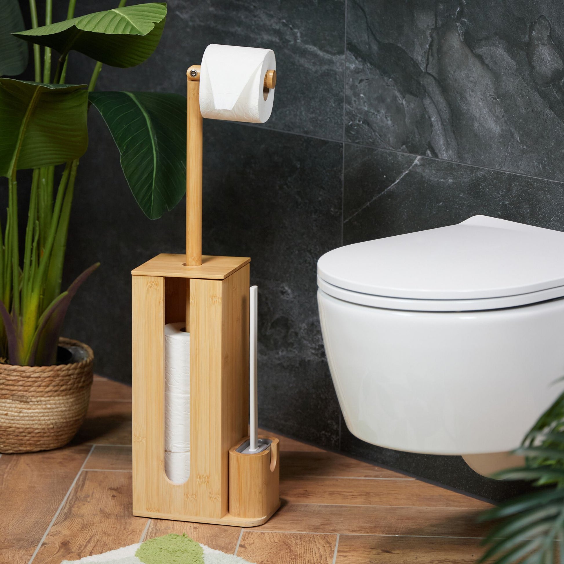 WC Garnitur Bambus & Kunststoff Weiss-Hellbraun-Grau von Relaxdays