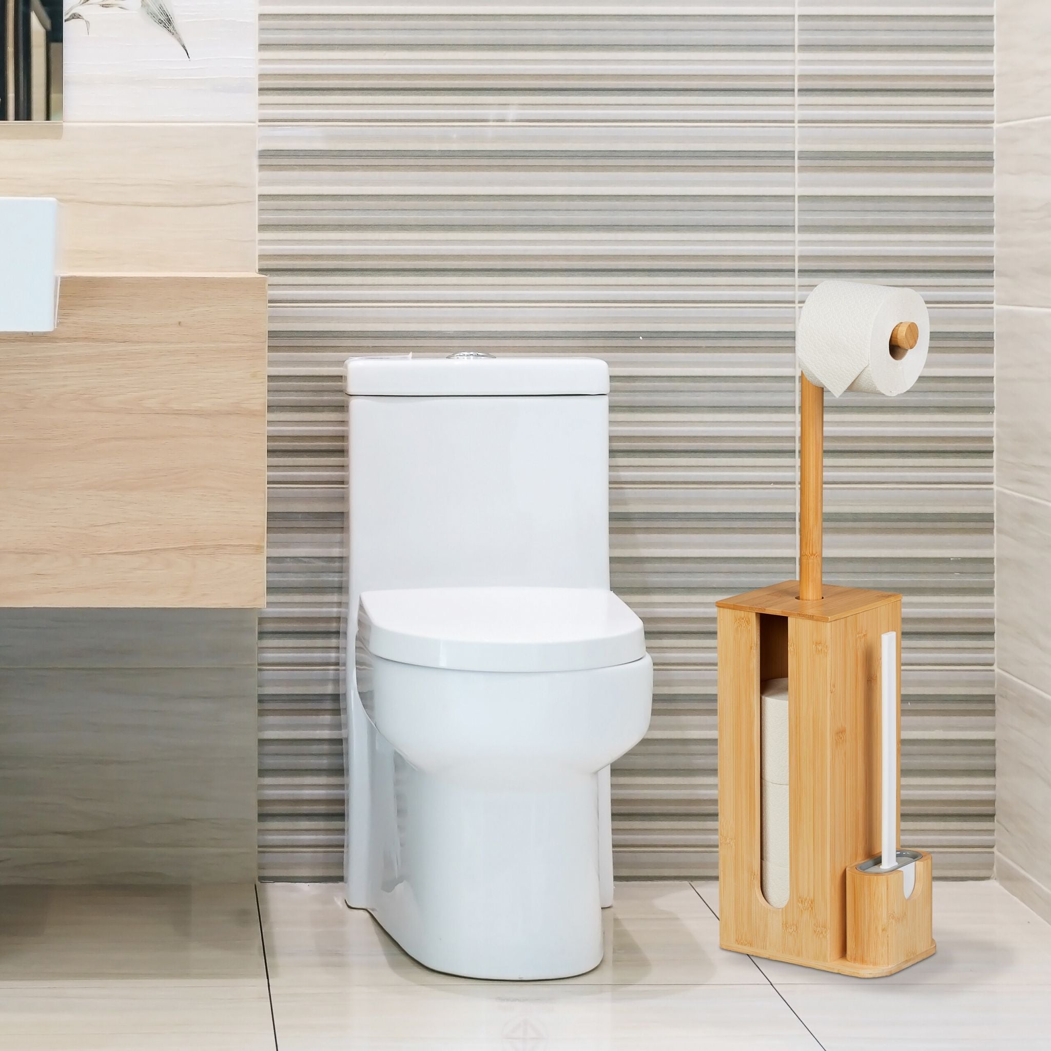 WC Garnitur Bambus & Kunststoff Weiss-Hellbraun-Grau von Relaxdays
