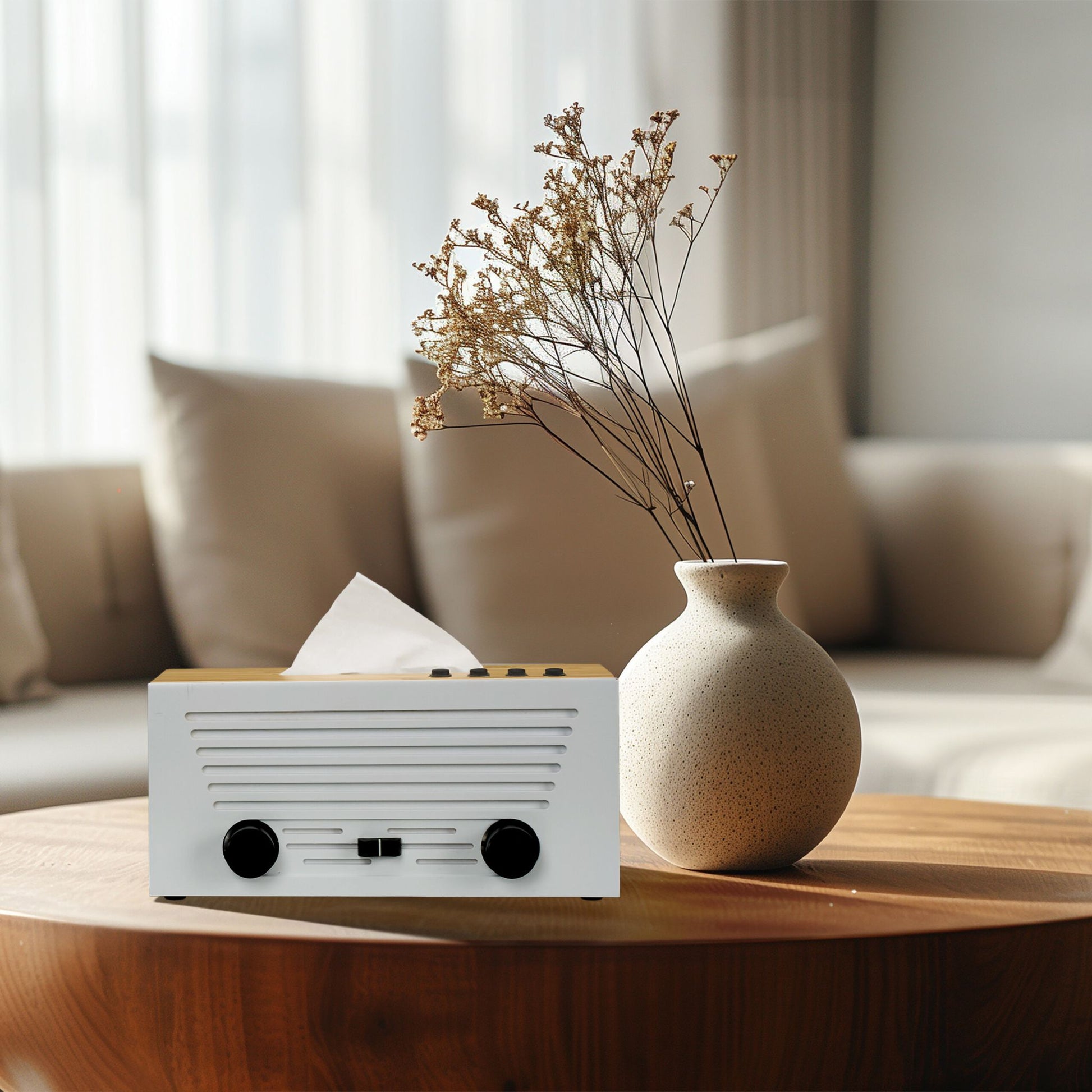 Kosmetiktücherbox Radio-Design Weiss-Hellbraun-Schwarz von Relaxdays