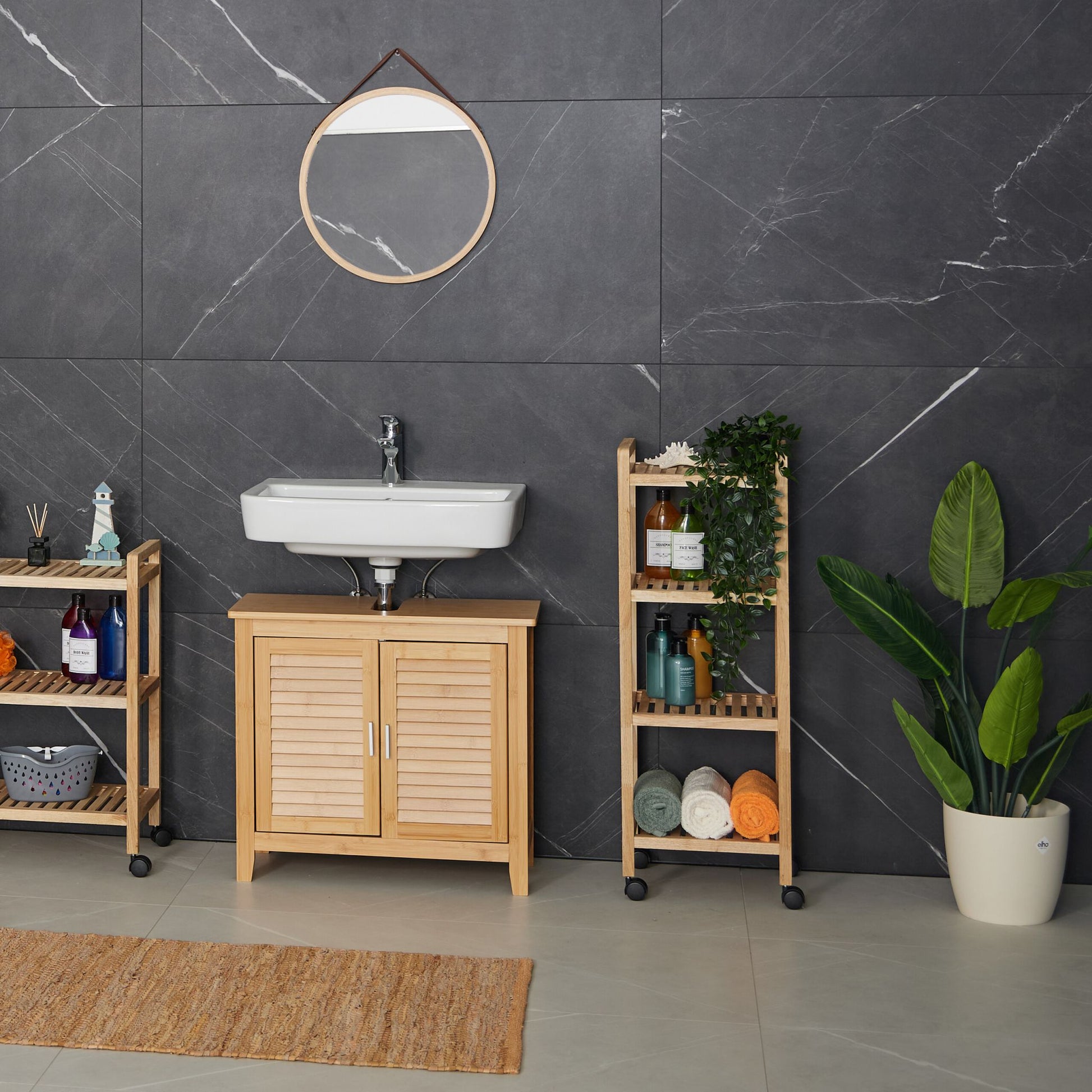 Badregal Holz mit Rollen Hellbraun-Schwarz von Relaxdays