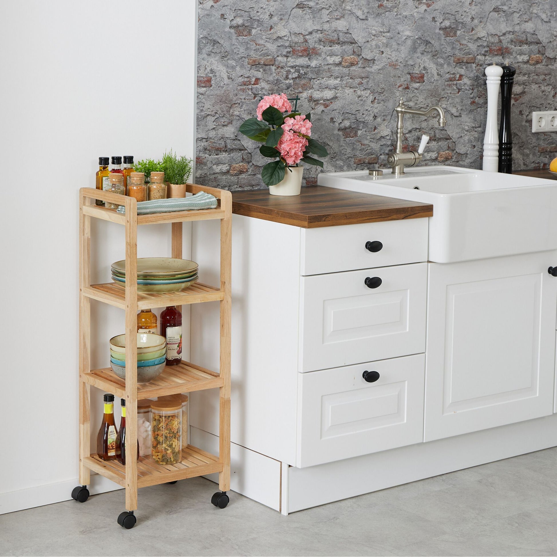 Badregal Holz mit Rollen Hellbraun-Schwarz von Relaxdays