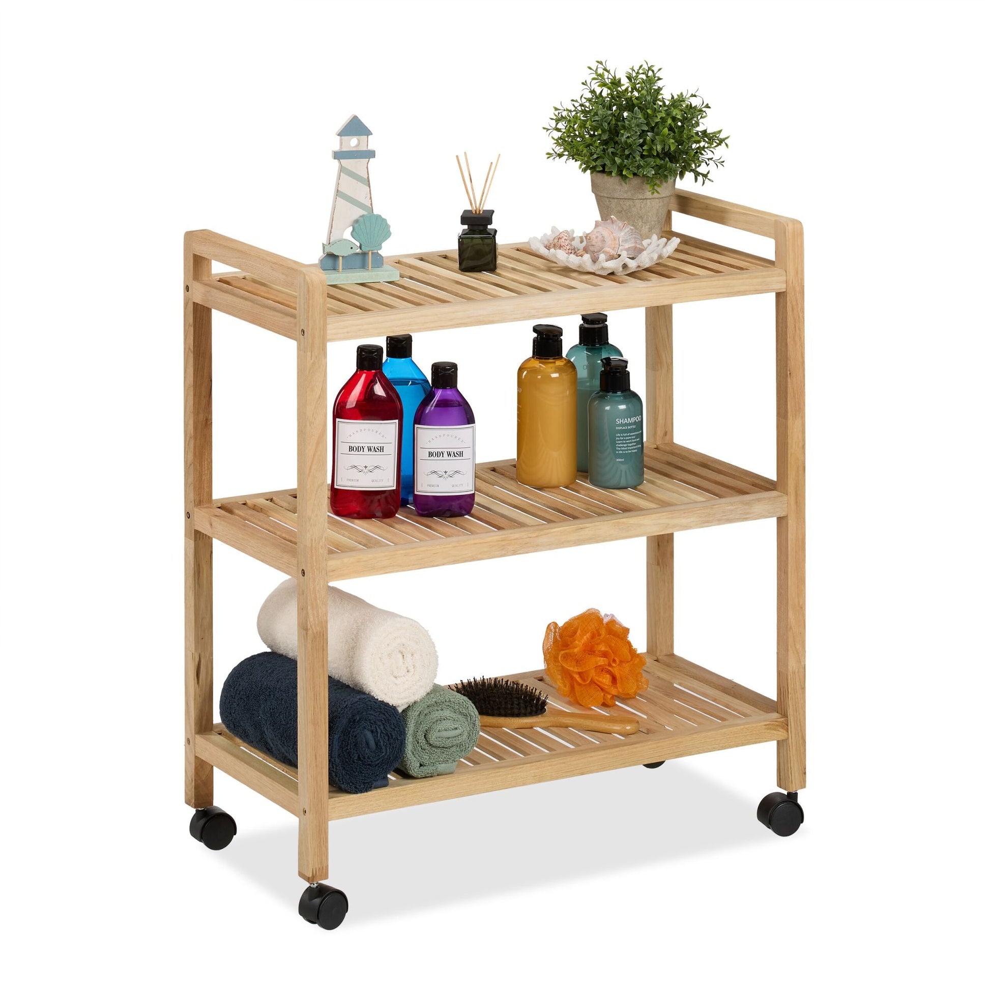 Badregal Holz mit Rollen Hellbraun-Schwarz von Relaxdays