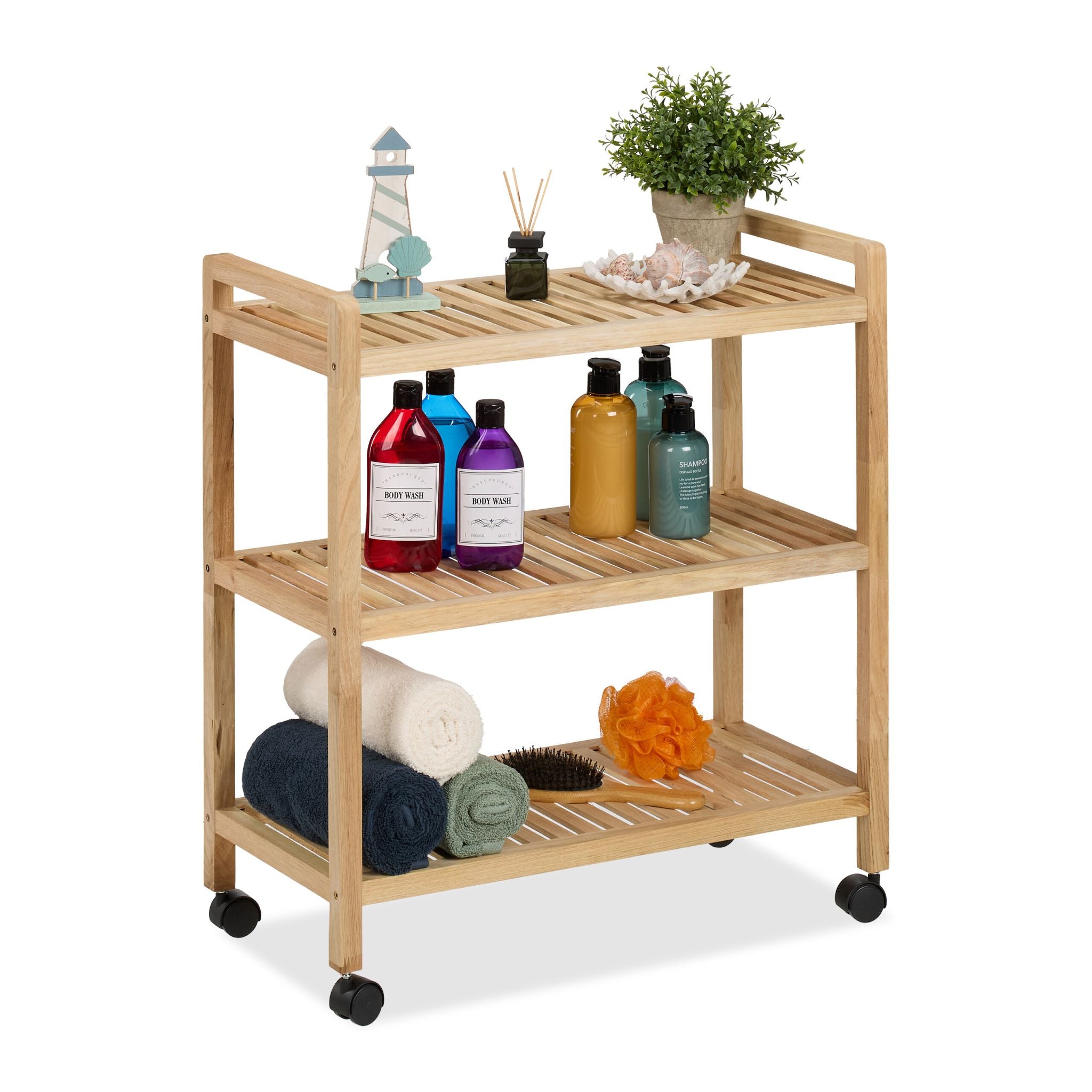 Badregal Holz mit Rollen Hellbraun-Schwarz von Relaxdays
