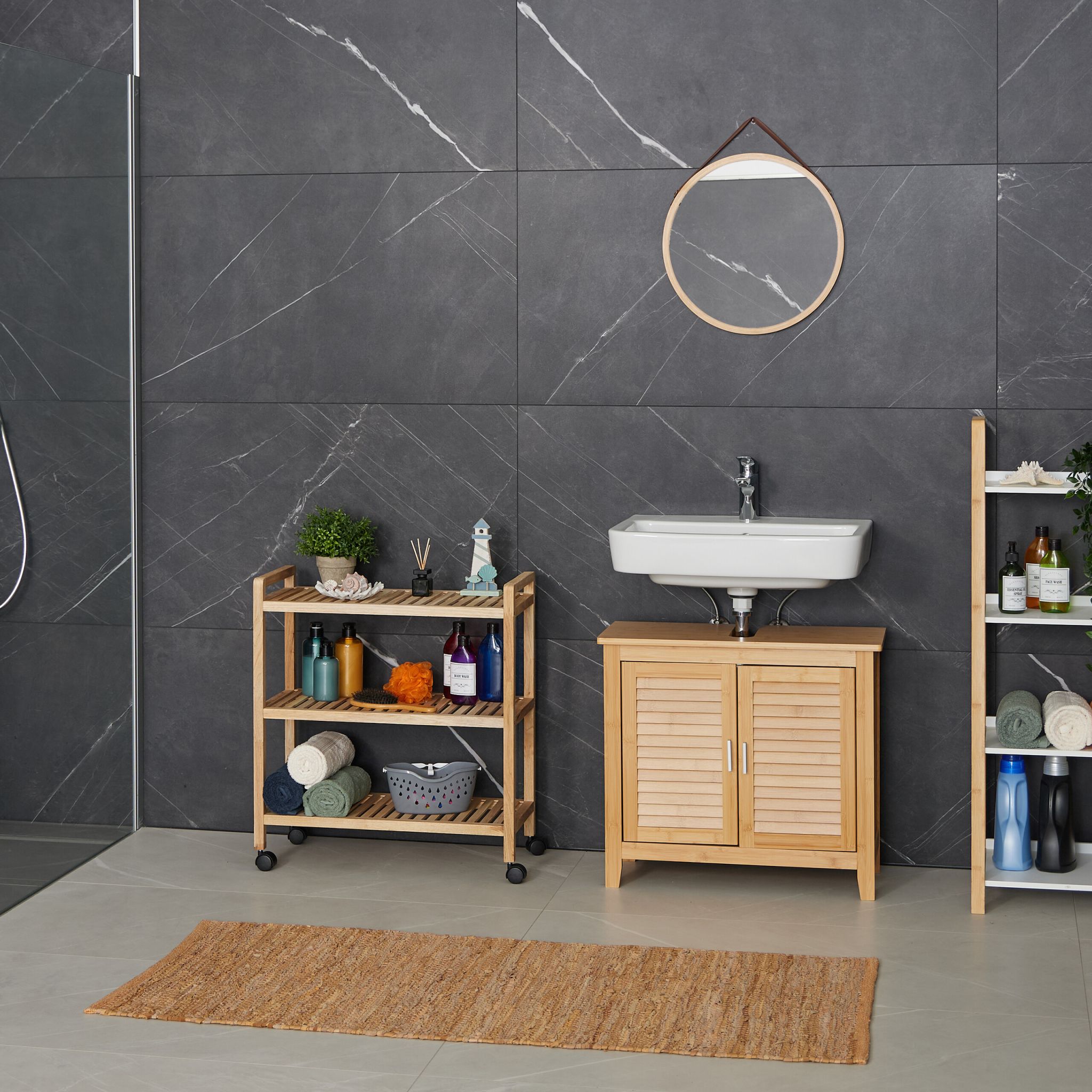 Badregal Holz mit Rollen Hellbraun-Schwarz von Relaxdays