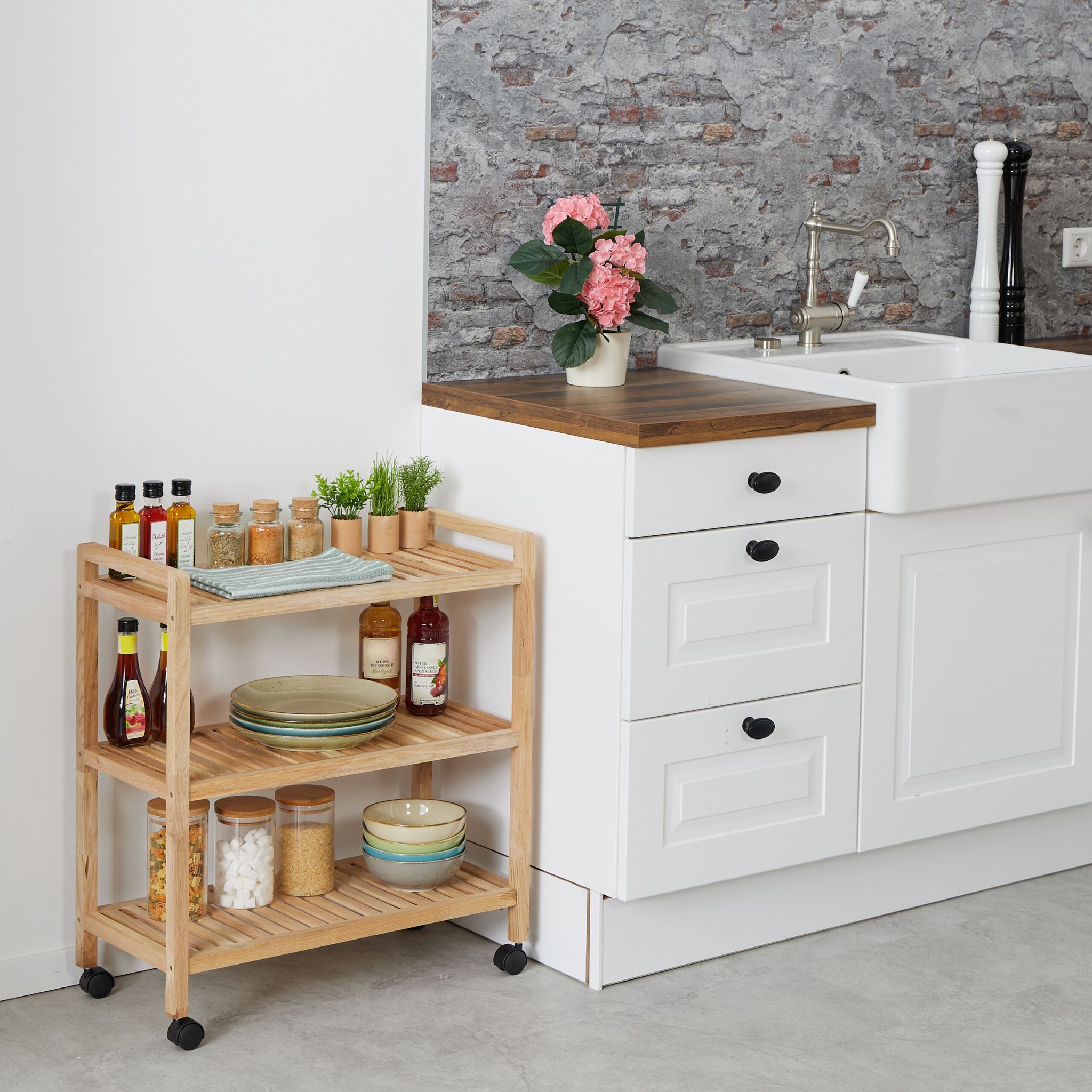 Badregal Holz mit Rollen Hellbraun-Schwarz von Relaxdays