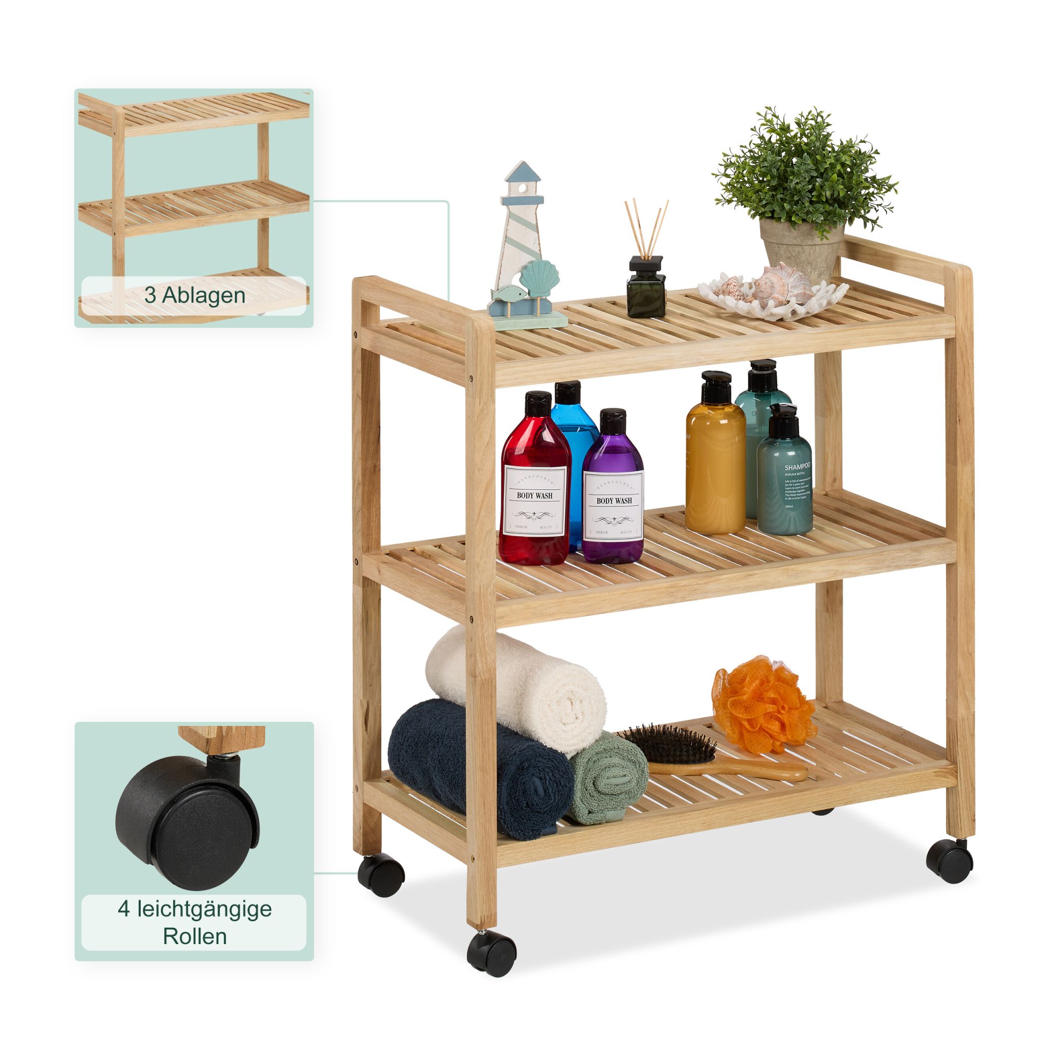 Badregal Holz mit Rollen Hellbraun-Schwarz von Relaxdays