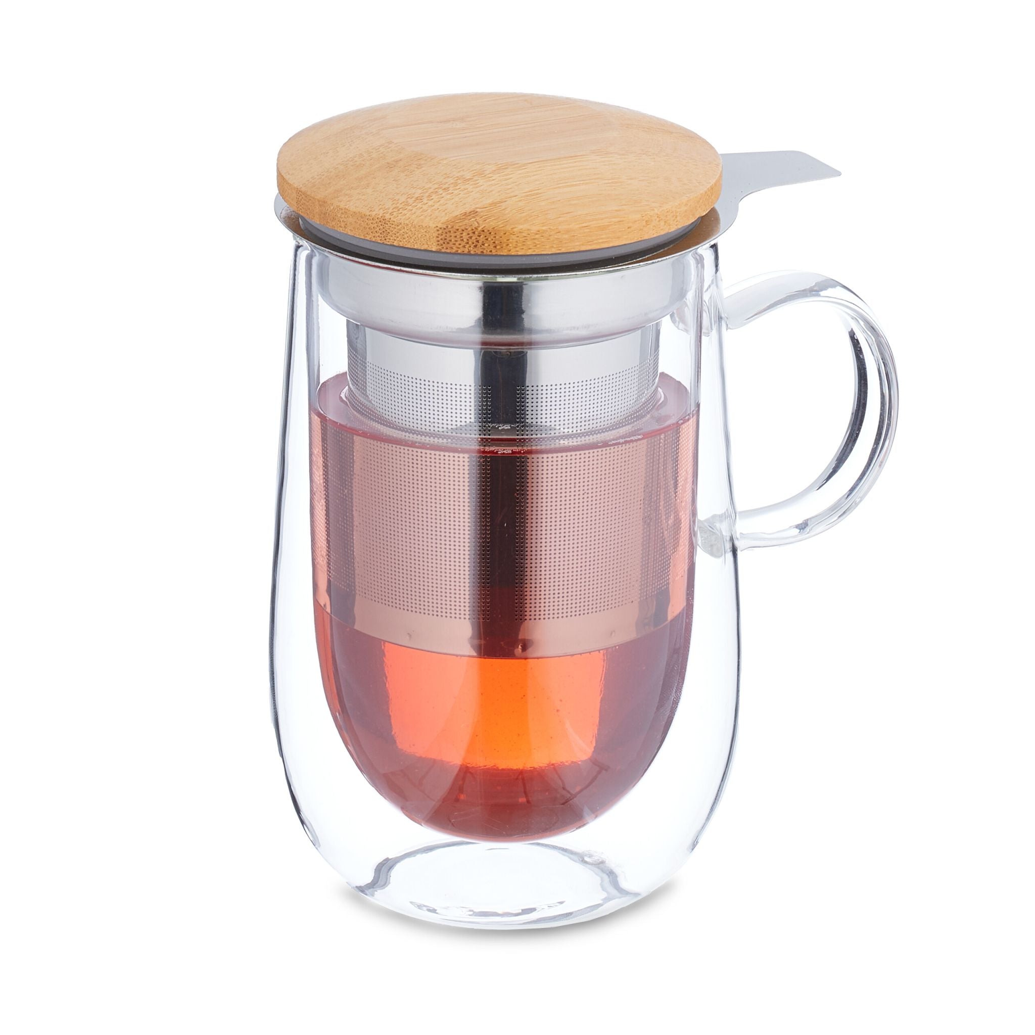 Teeglas mit Sieb und Bambusdeckel Hellbraun-Silber-Transparent von Relaxdays