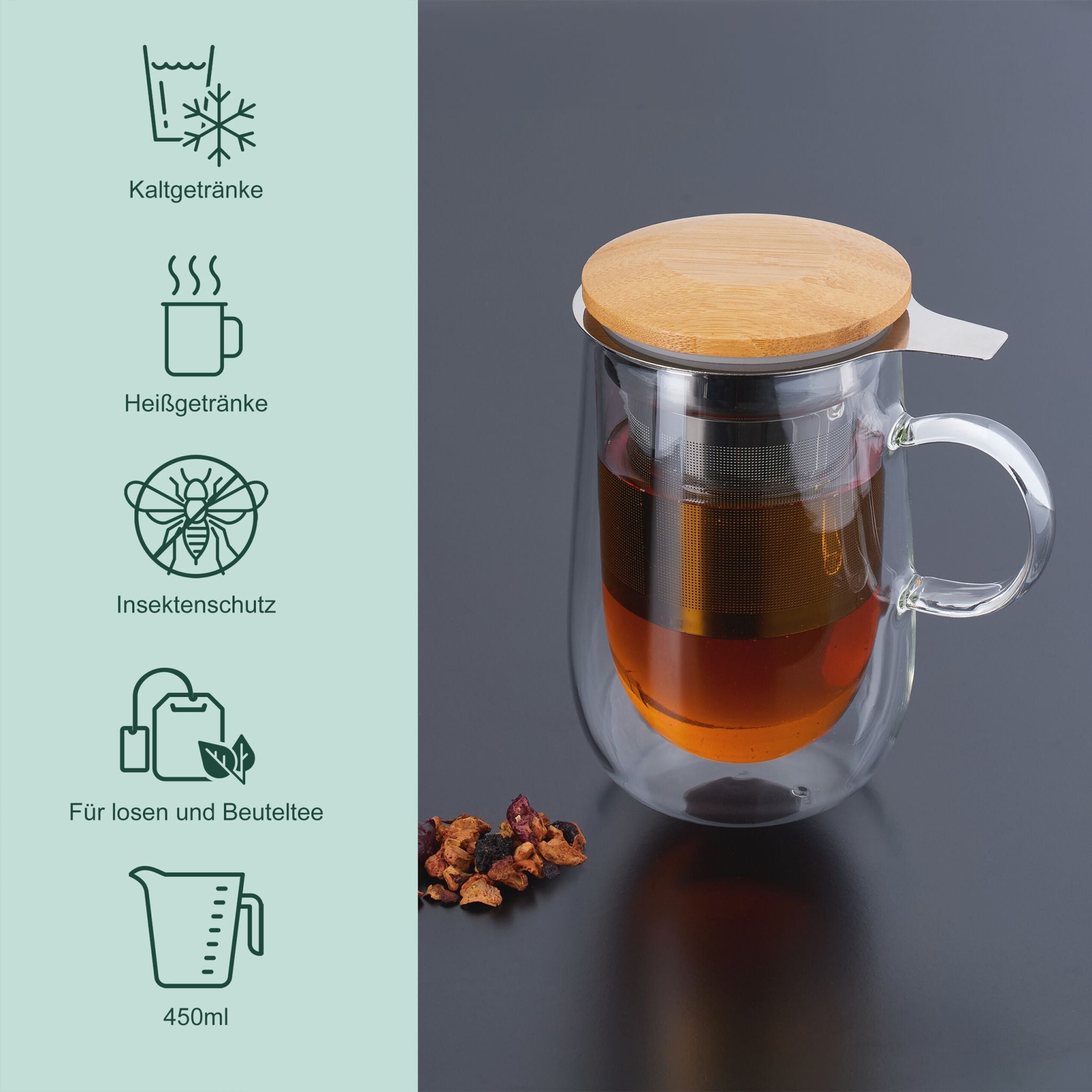 Teeglas mit Sieb und Bambusdeckel Hellbraun-Silber-Transparent von Relaxdays