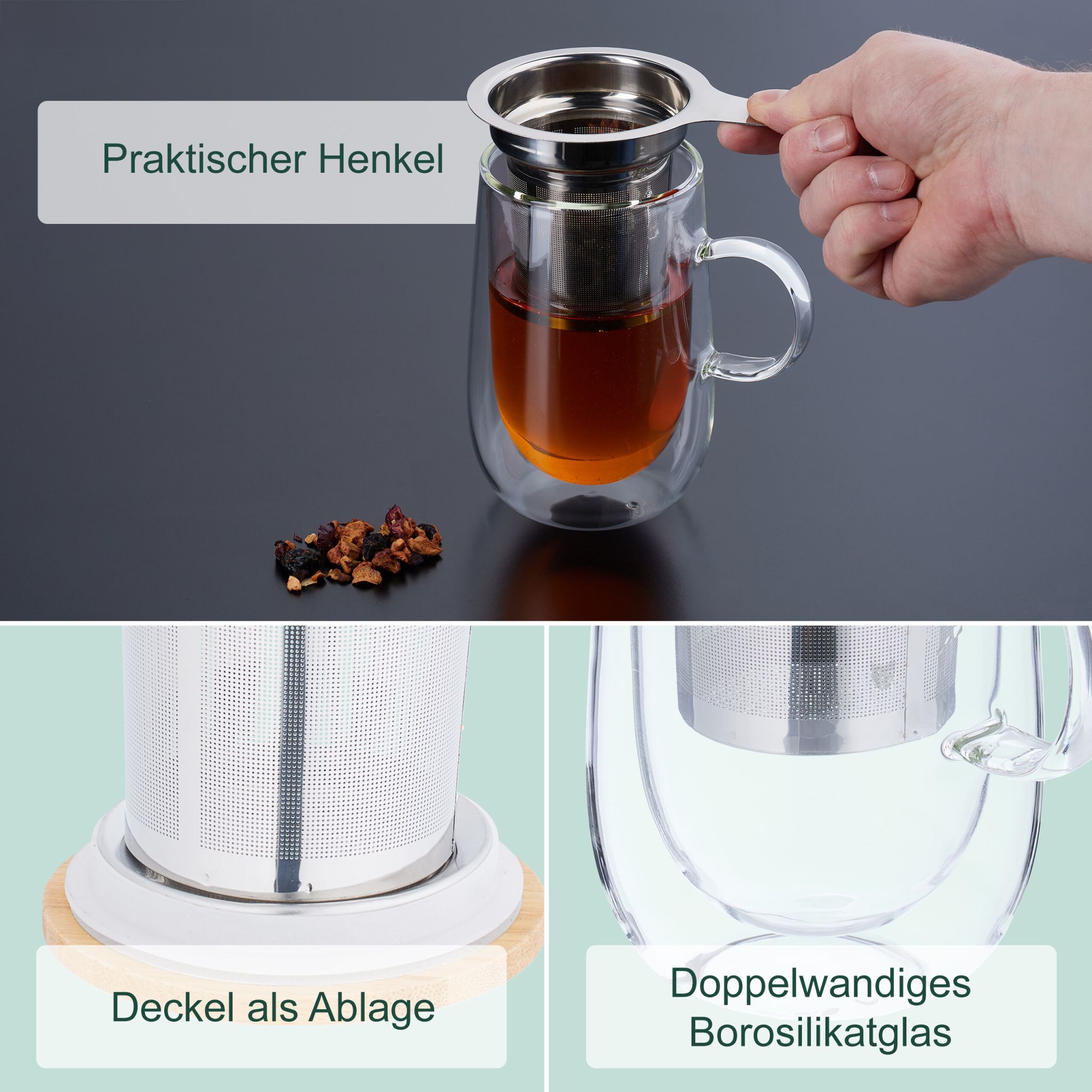 Teeglas mit Sieb und Bambusdeckel Hellbraun-Silber-Transparent von Relaxdays