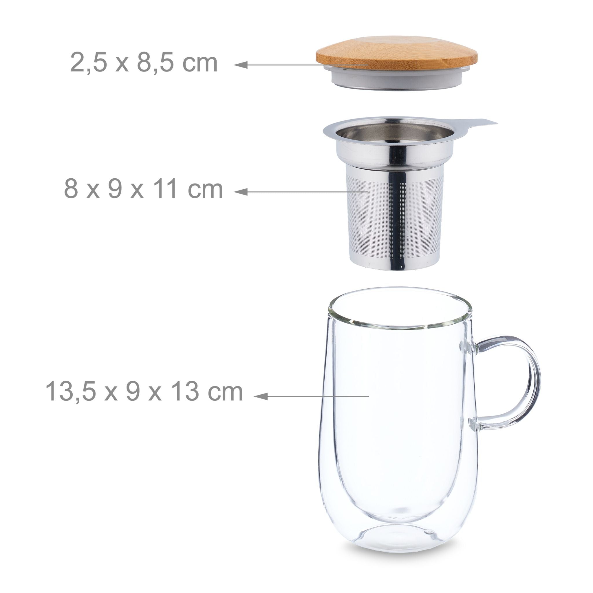 Teeglas mit Sieb und Bambusdeckel Hellbraun-Silber-Transparent von Relaxdays