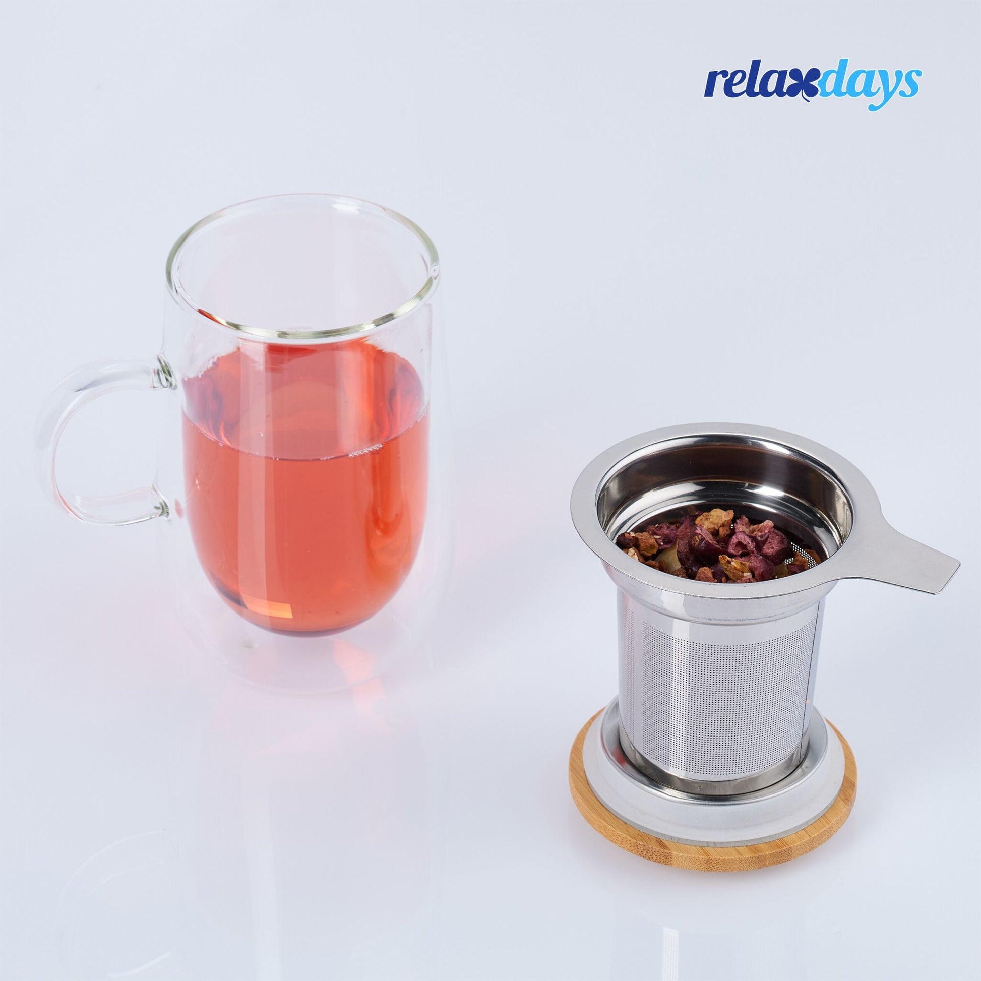 Teeglas mit Sieb und Bambusdeckel Hellbraun-Silber-Transparent von Relaxdays