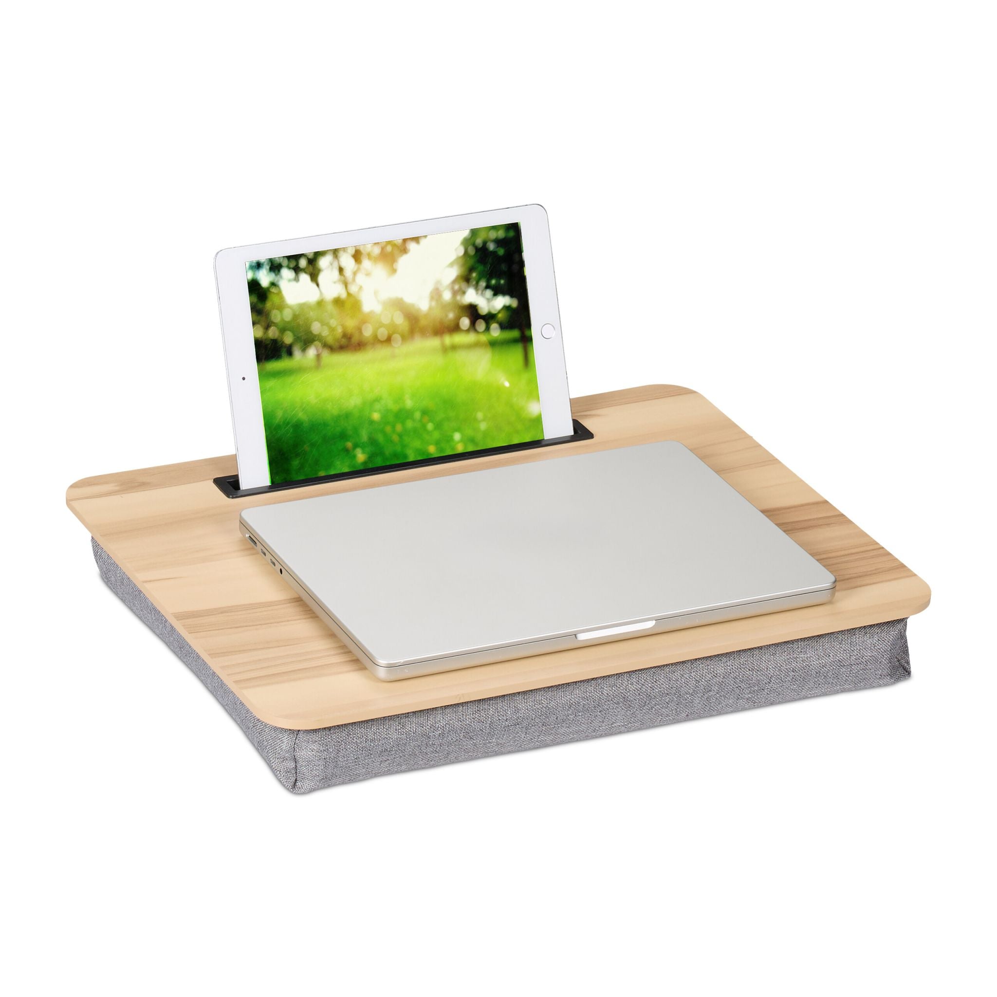 Laptopkissen mit Handyhalter Hellbraun-Grau von Relaxdays