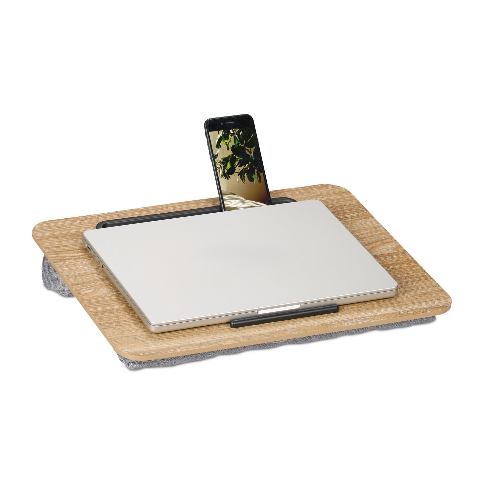 Laptopkissen mit Handyhalter Hellbraun-Schwarz-Grau von Relaxdays