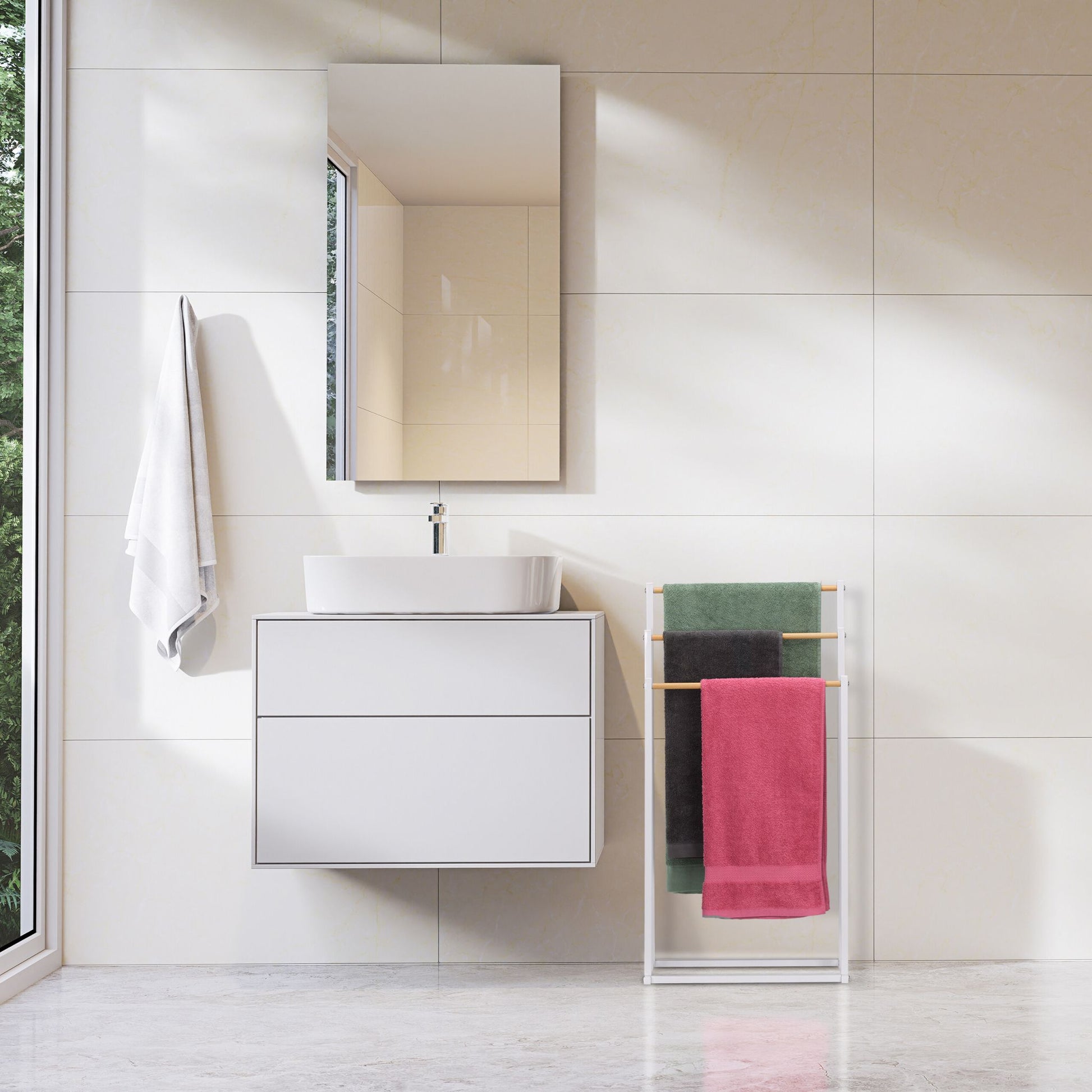 Handtuchständer mit 3 Stangen Weiss-Hellbraun von Relaxdays