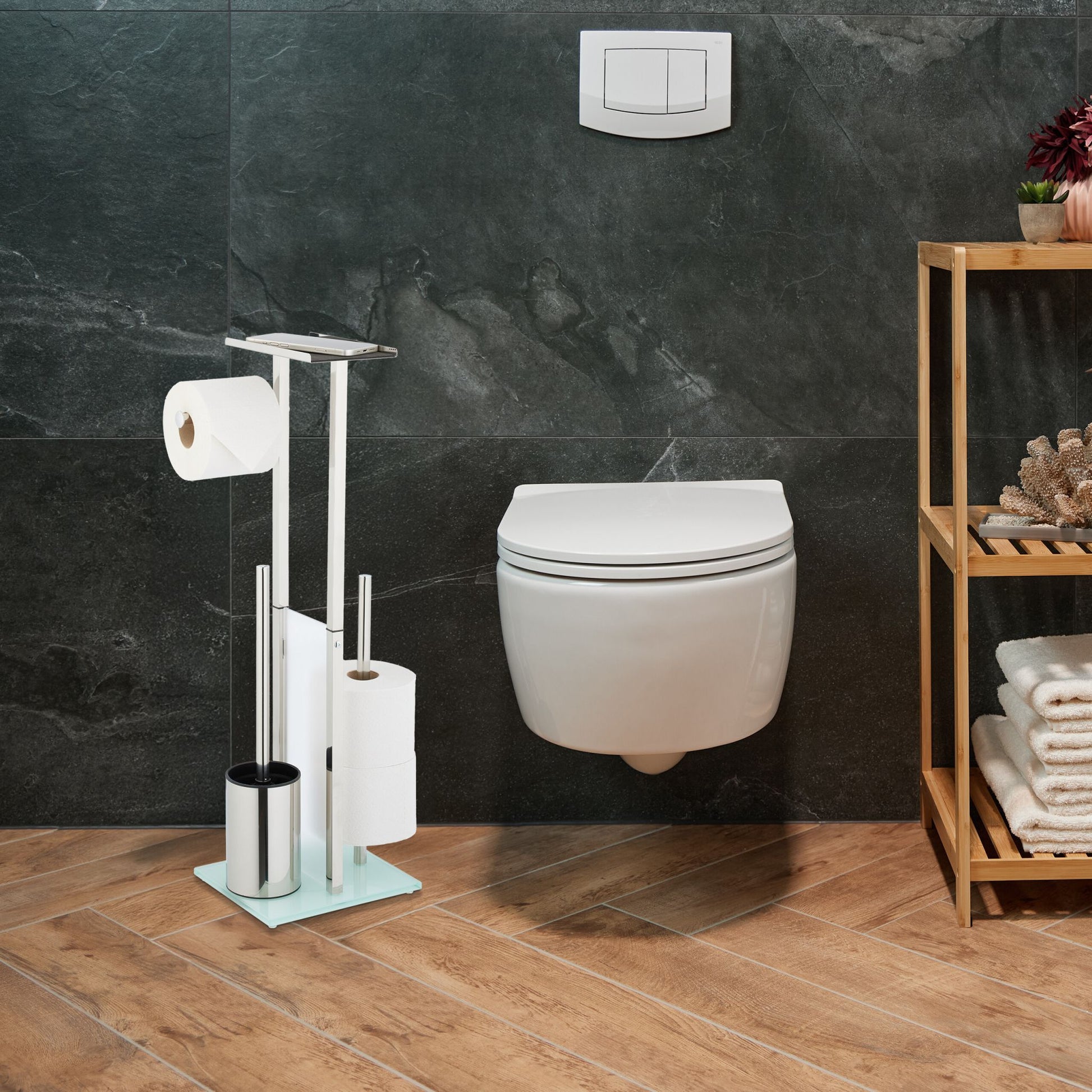 Stehende WC Garnitur mit Ablage Silber-Transparent von Relaxdays