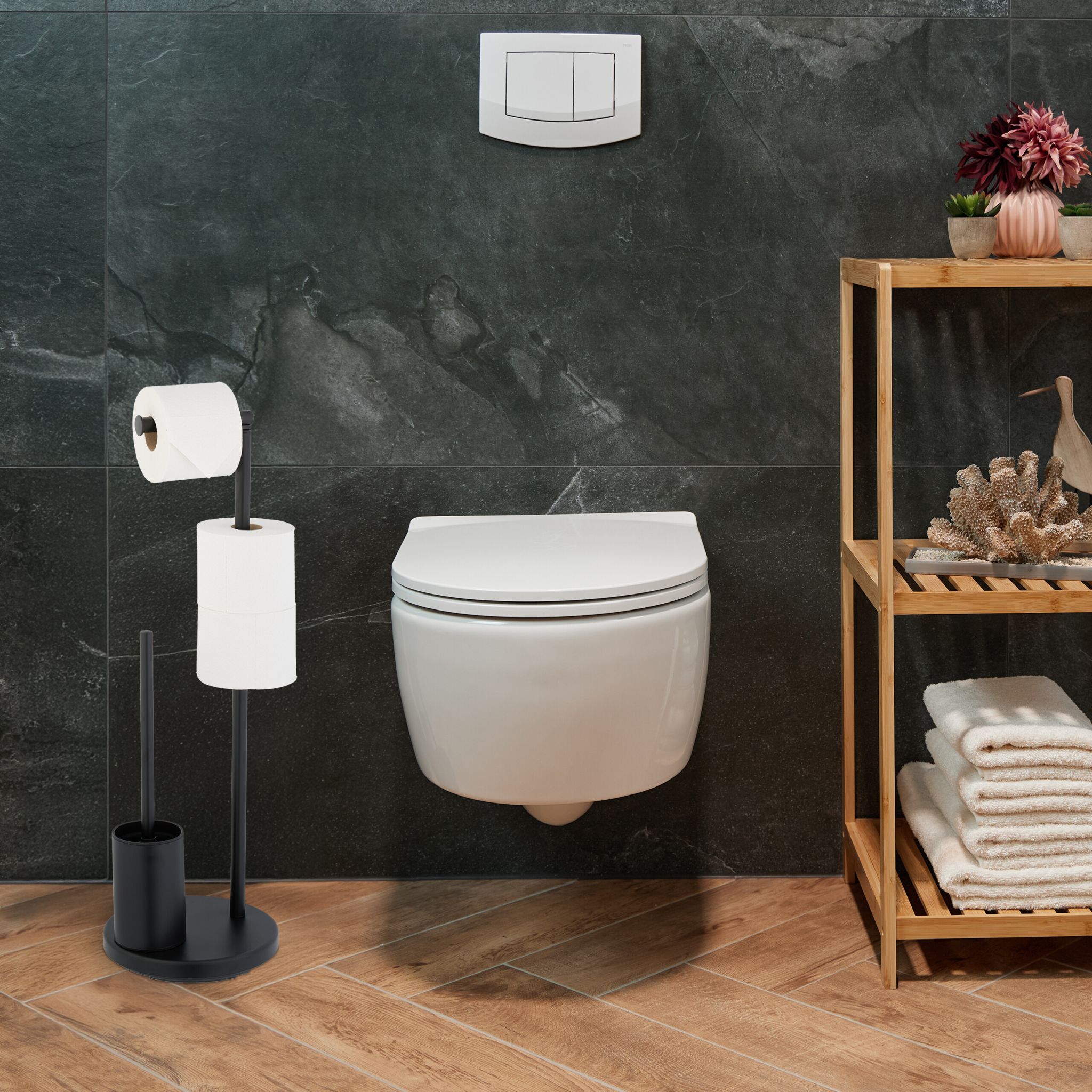 WC Garnitur mit Toilettenpapierhalter Schwarz-Silber von Relaxdays