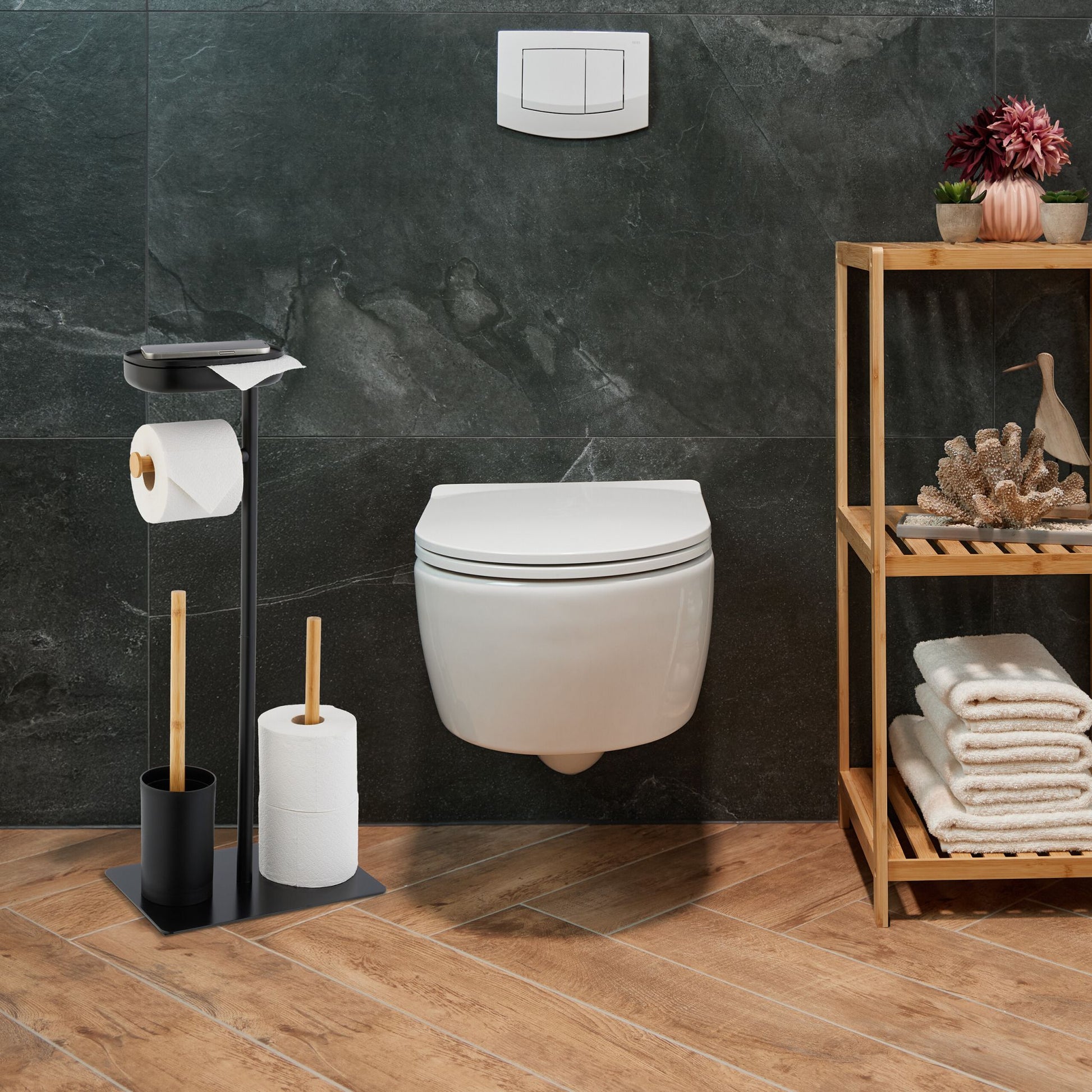 WC Garnitur Bambus & Eisen mit Ablage Hellbraun-Schwarz von Relaxdays
