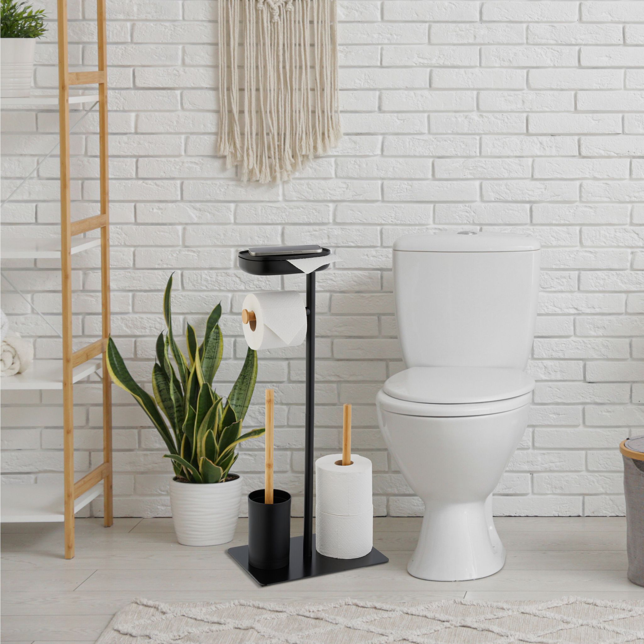 WC Garnitur Bambus & Eisen mit Ablage Hellbraun-Schwarz von Relaxdays