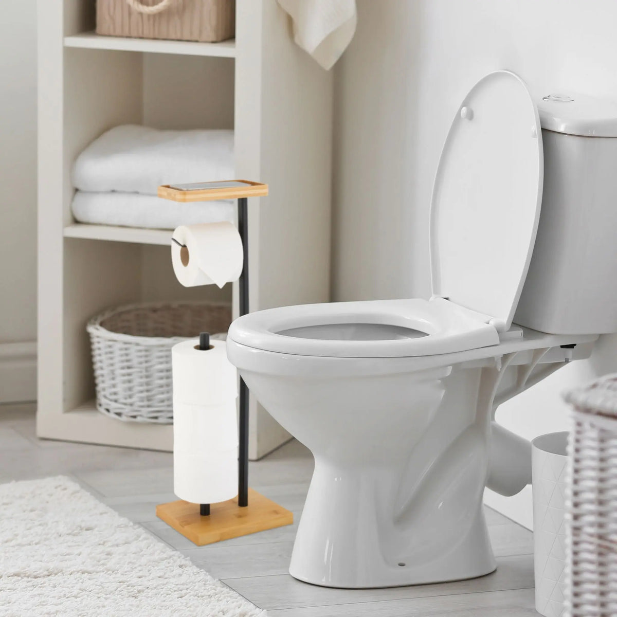 Toilettenpapierhalter mit Ablage Weiss-Hellbraun-Schwarz von Relaxdays
