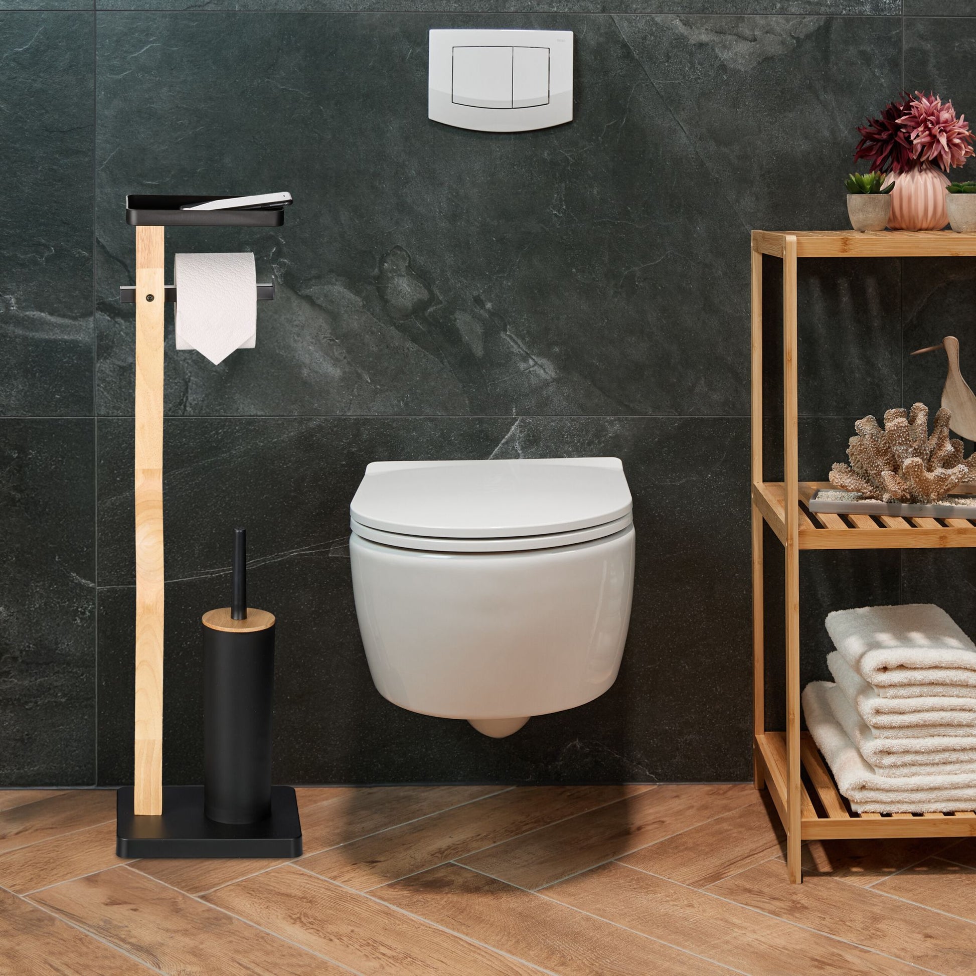 WC Garnitur mit Ablage Hellbraun-Schwarz von Relaxdays