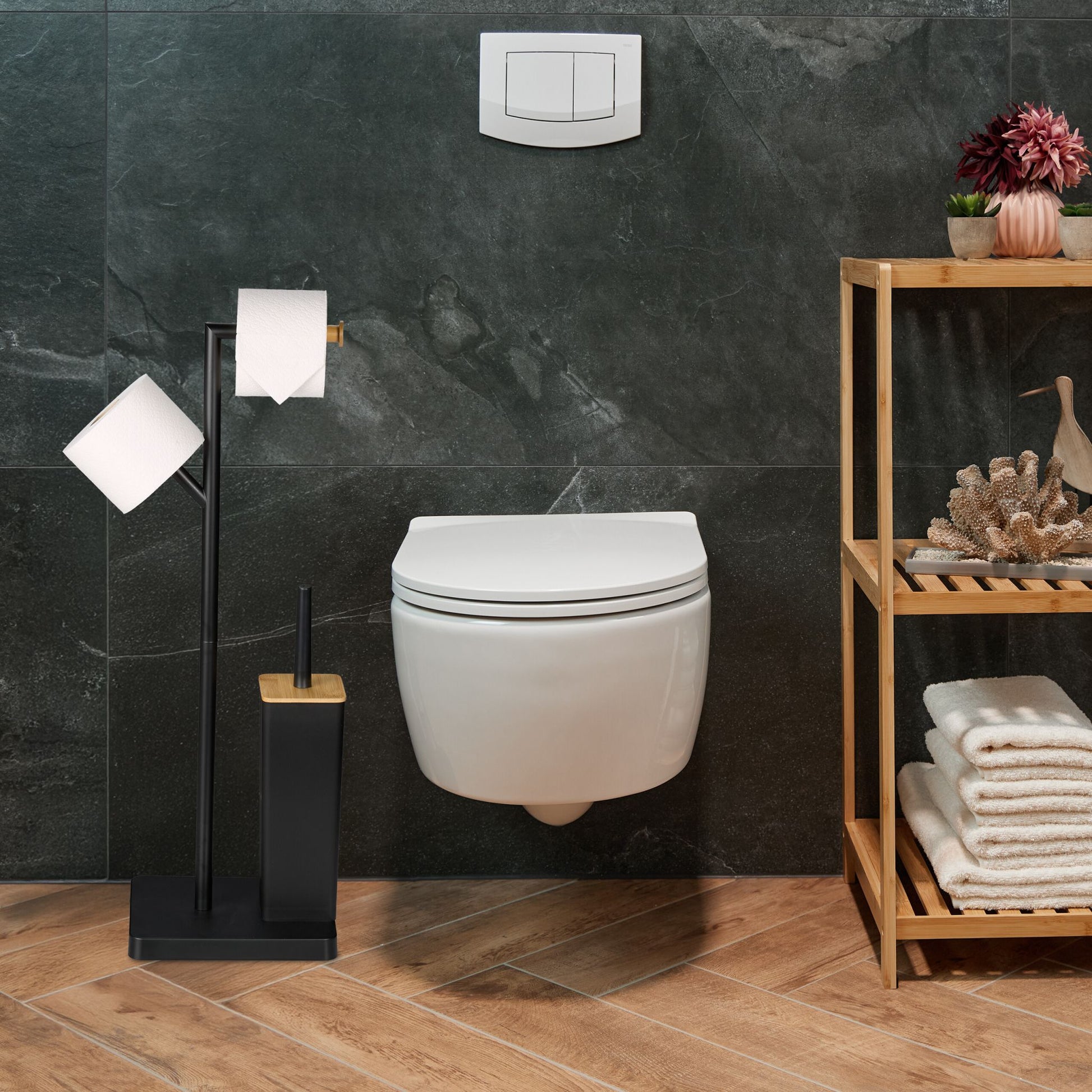 WC Garnitur Bambus & Edelstahl Hellbraun-Schwarz von Relaxdays
