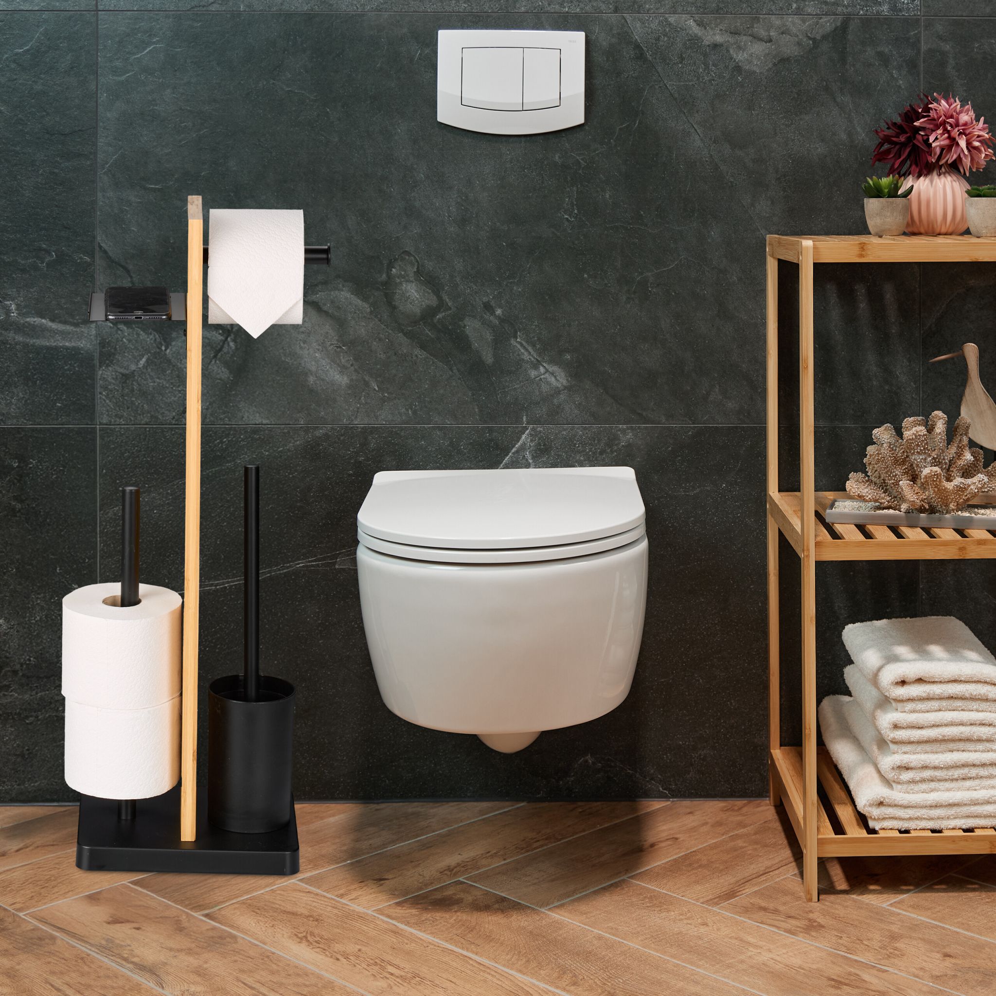 WC Garnitur Bambus & Eisen mit Ablage Hellbraun-Schwarz von Relaxdays