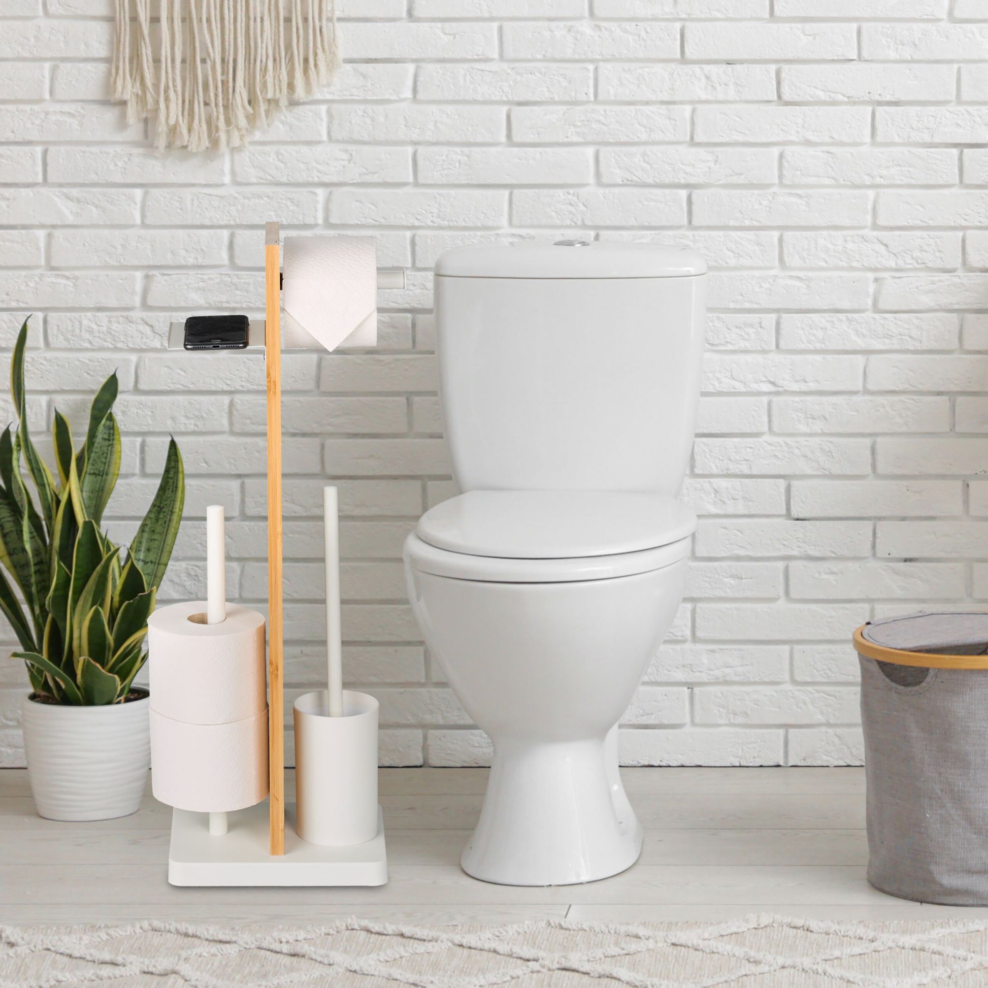WC Garnitur Bambus & Eisen mit Ablage Hellbraun-Schwarz von Relaxdays