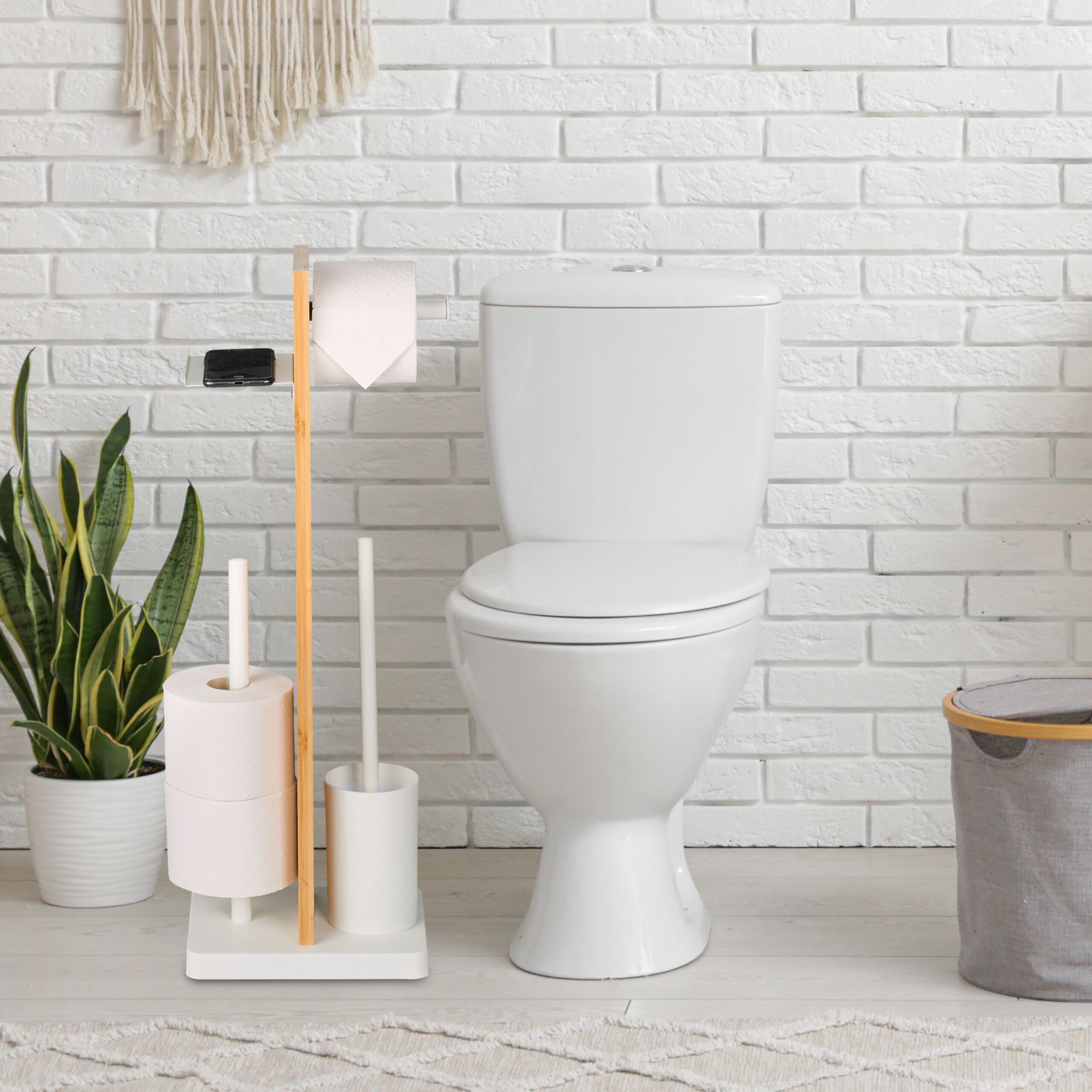 WC Garnitur Bambus & Eisen mit Ablage Hellbraun-Schwarz von Relaxdays