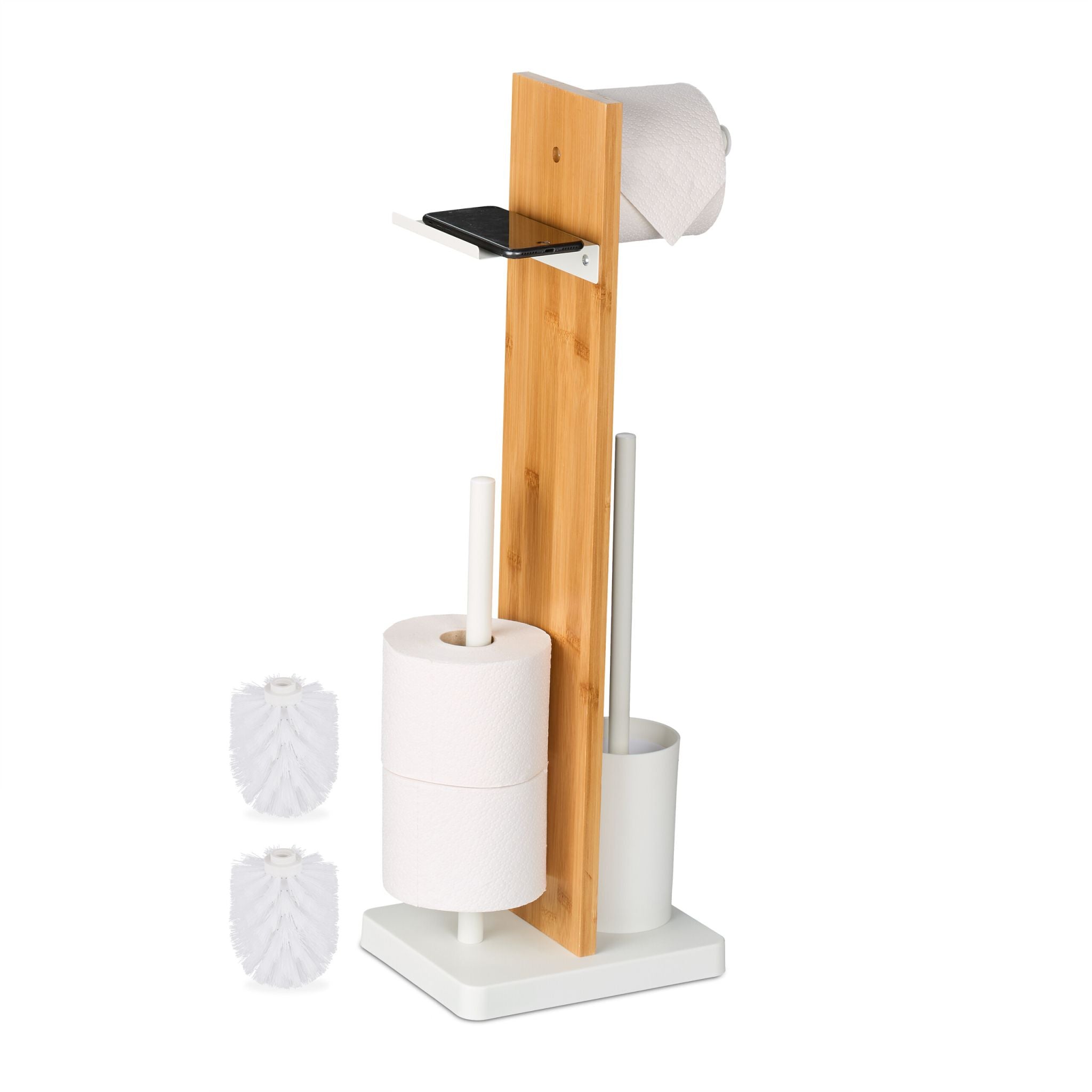 WC Garnitur Bambus & Eisen mit Ablage Weiss-Hellbraun von Relaxdays