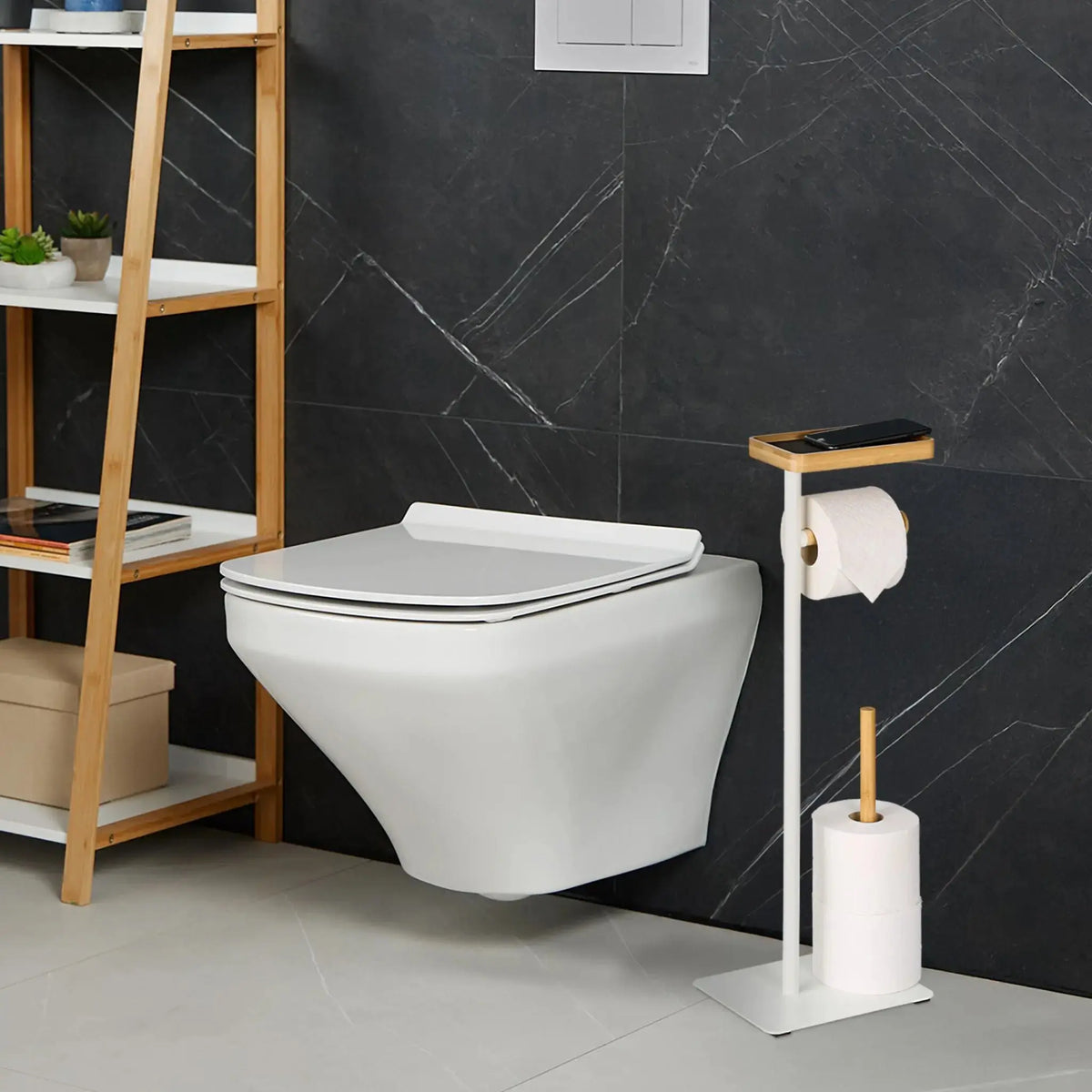 Toilettenpapierhalter mit Ablage Weiss-Hellbraun von Relaxdays