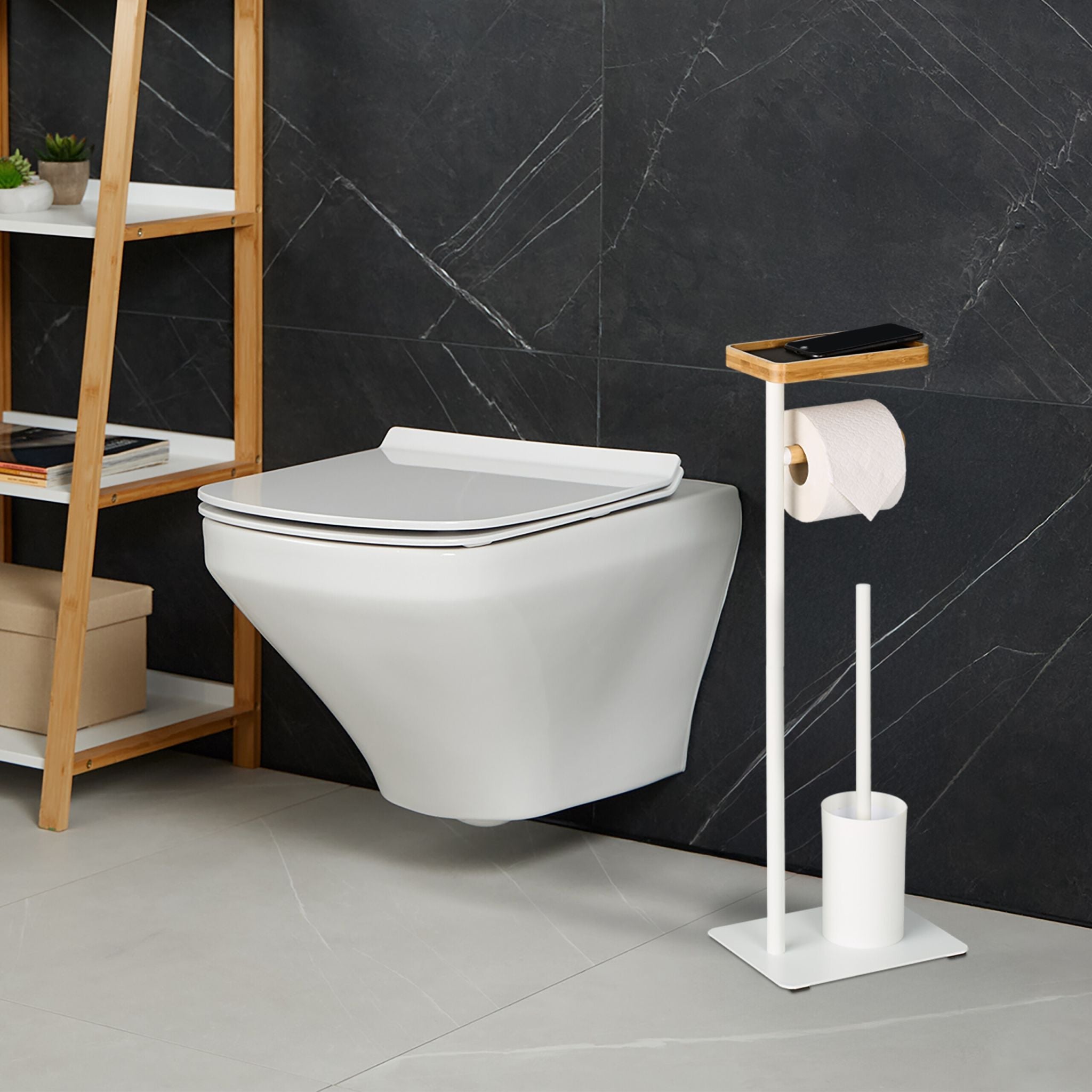 WC Garnitur Bambus & Metall Weiss-Hellbraun