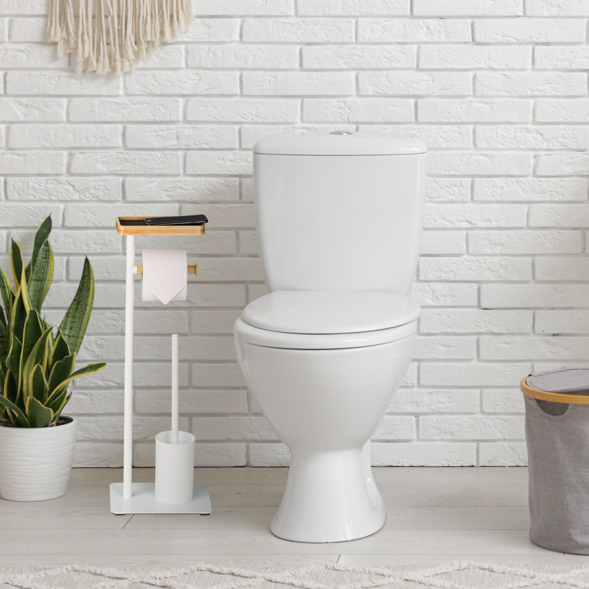 WC Garnitur Bambus & Metall Weiss-Hellbraun