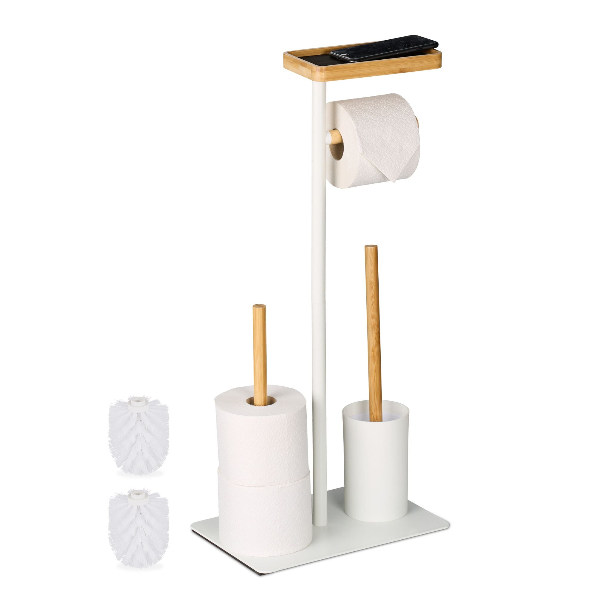 WC Garnitur mit Ablage Bambus & Metall Weiss-Hellbraun