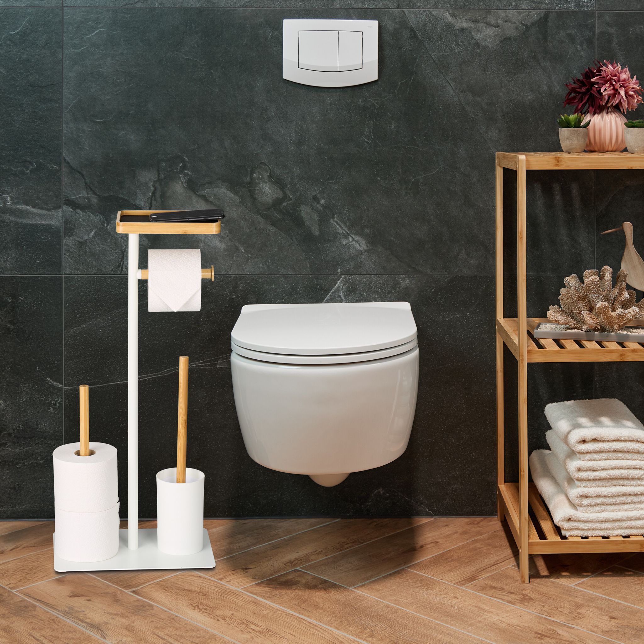 WC Garnitur mit Ablage Bambus & Metall Weiss-Hellbraun