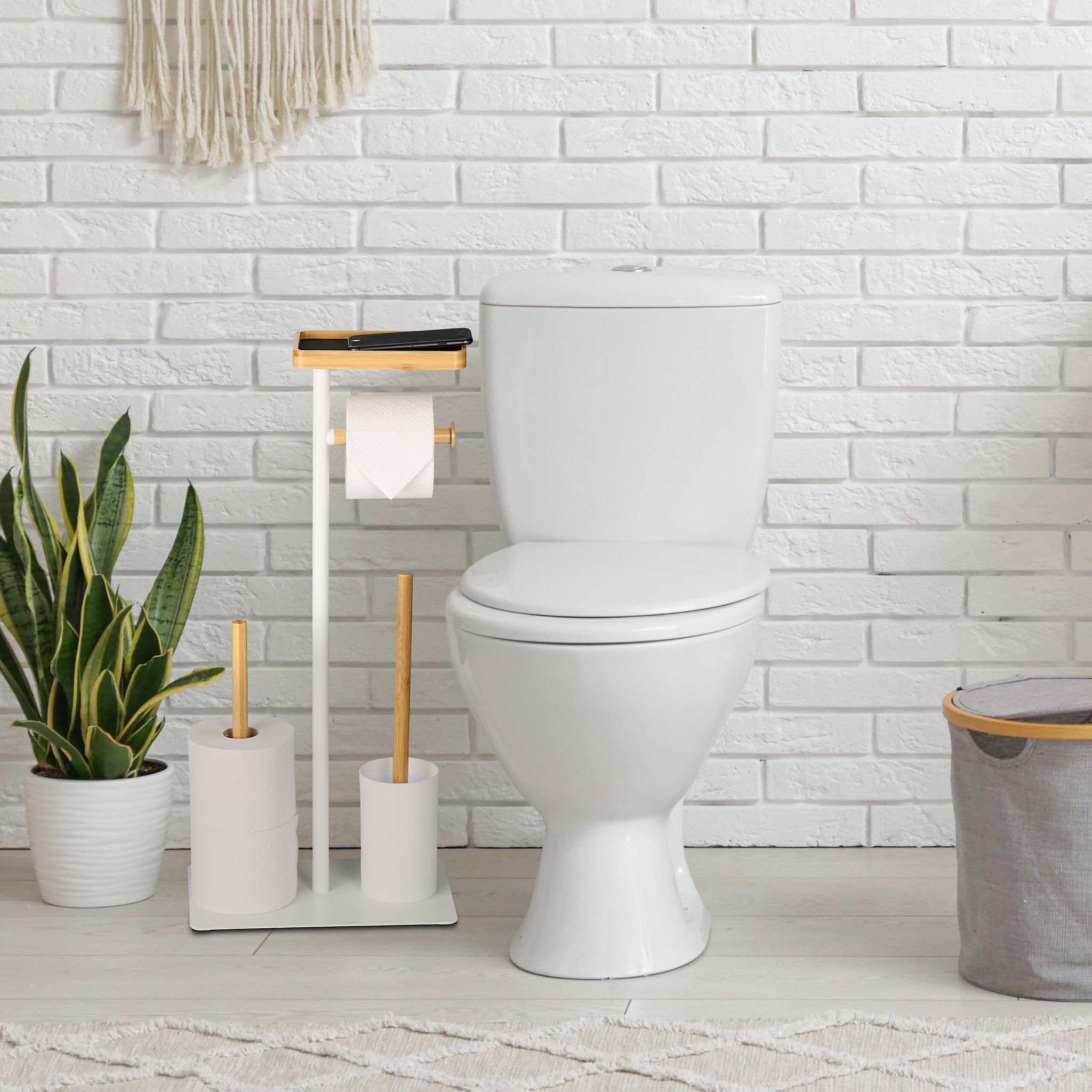 WC Garnitur mit Ablage Bambus & Metall Weiss-Hellbraun
