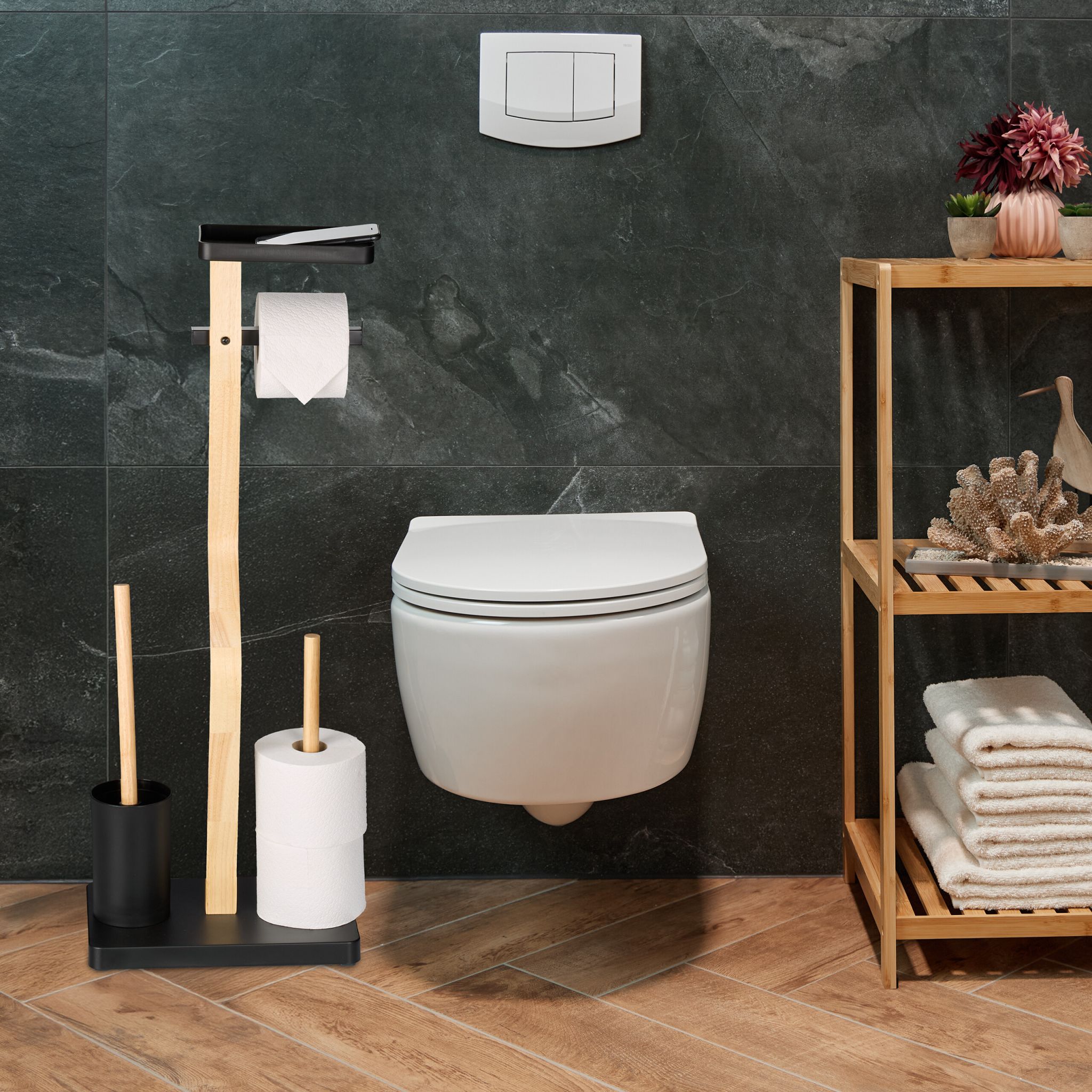 WC Garnitur Bambus & Eisen mit Ablage Hellbraun-Schwarz