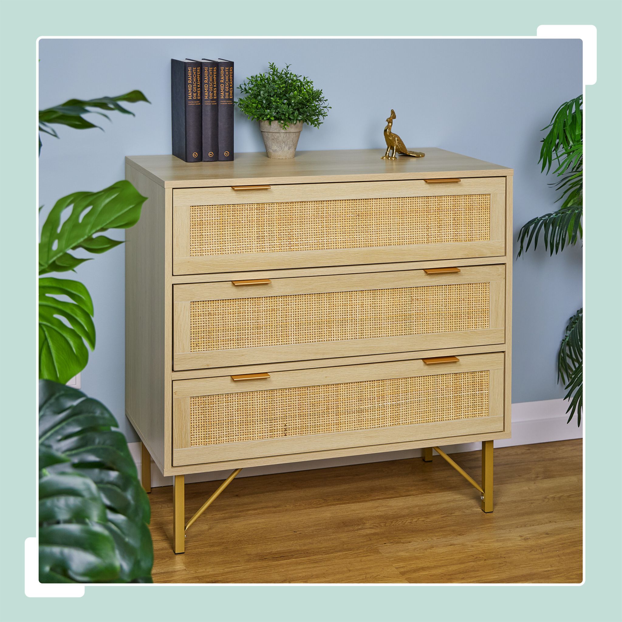 Kommode 3 Schubladen Rattanoptik Gold-Hellbraun von Relaxdays