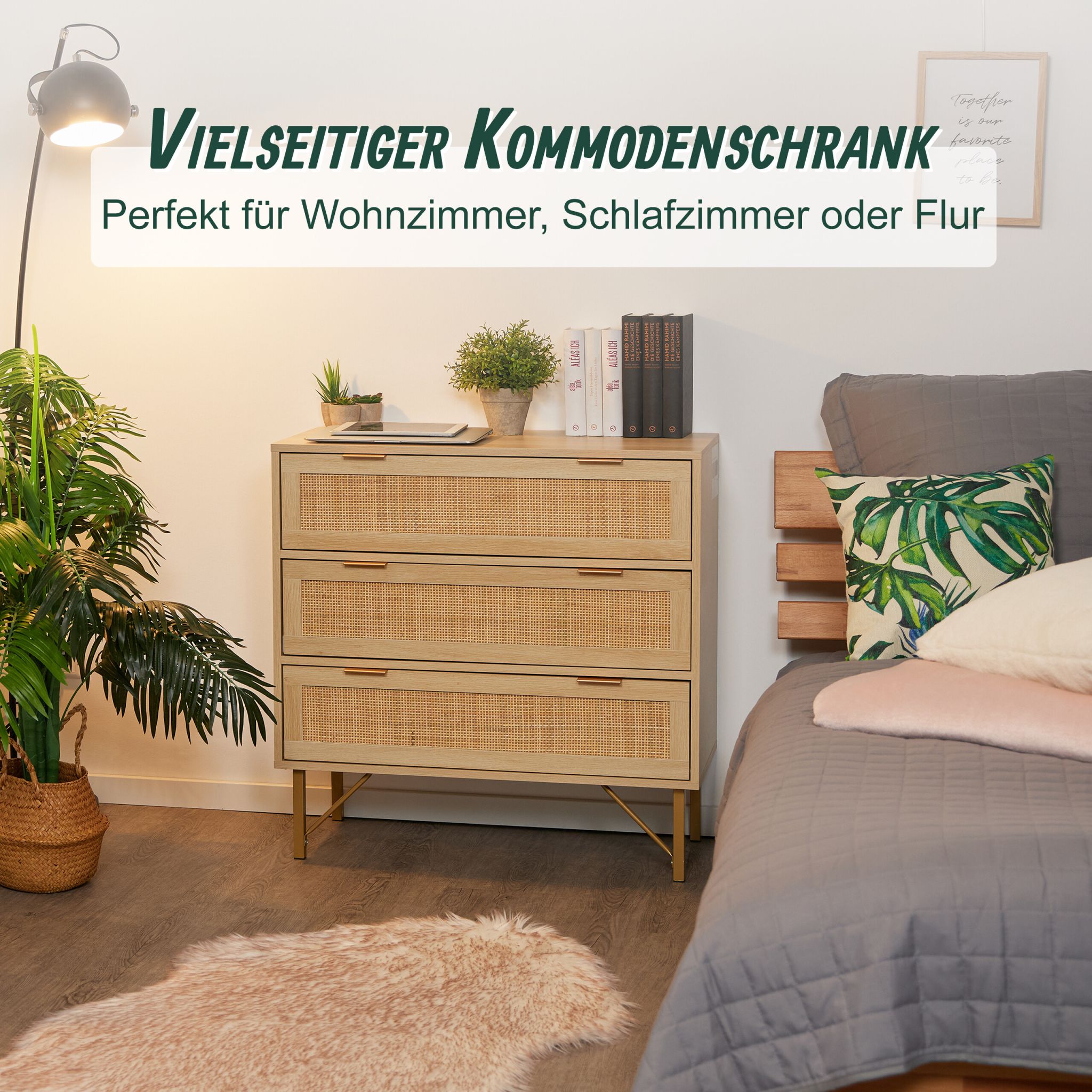 Kommode 3 Schubladen Rattanoptik Gold-Hellbraun von Relaxdays