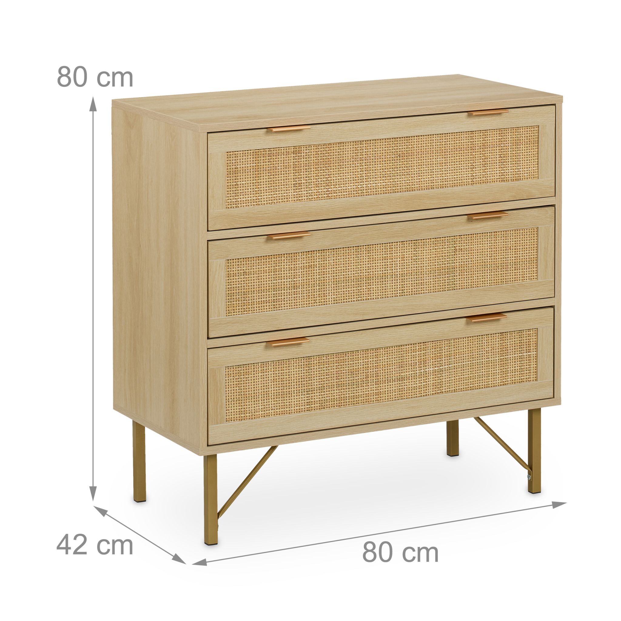 Kommode 3 Schubladen Rattanoptik Gold-Hellbraun von Relaxdays