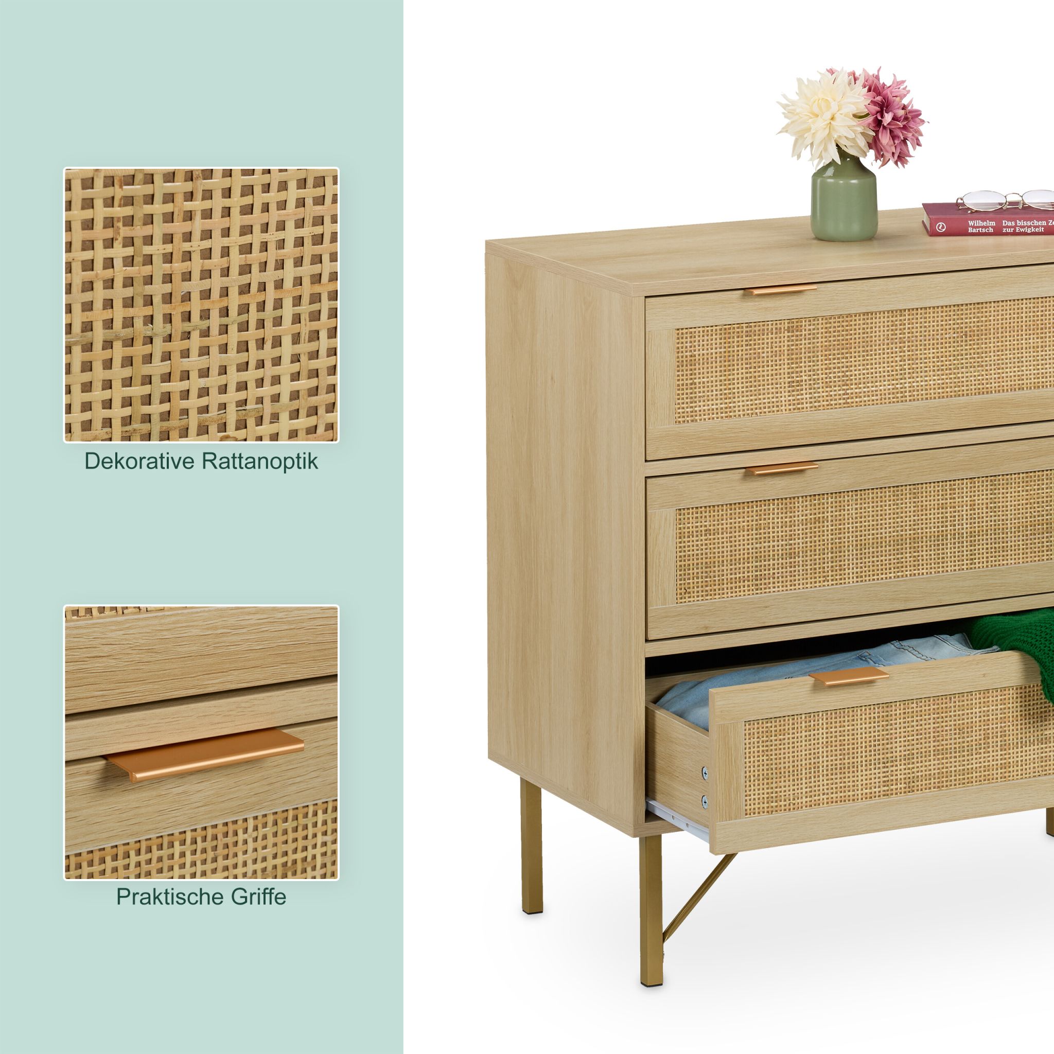 Kommode 3 Schubladen Rattanoptik Gold-Hellbraun von Relaxdays