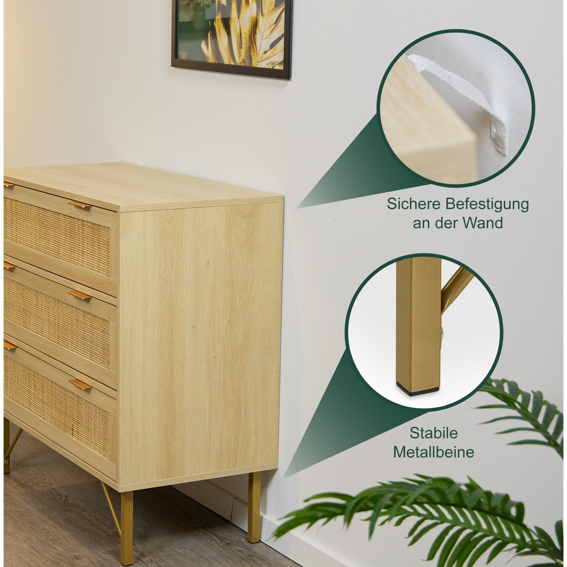 Kommode 3 Schubladen Rattanoptik Gold-Hellbraun von Relaxdays