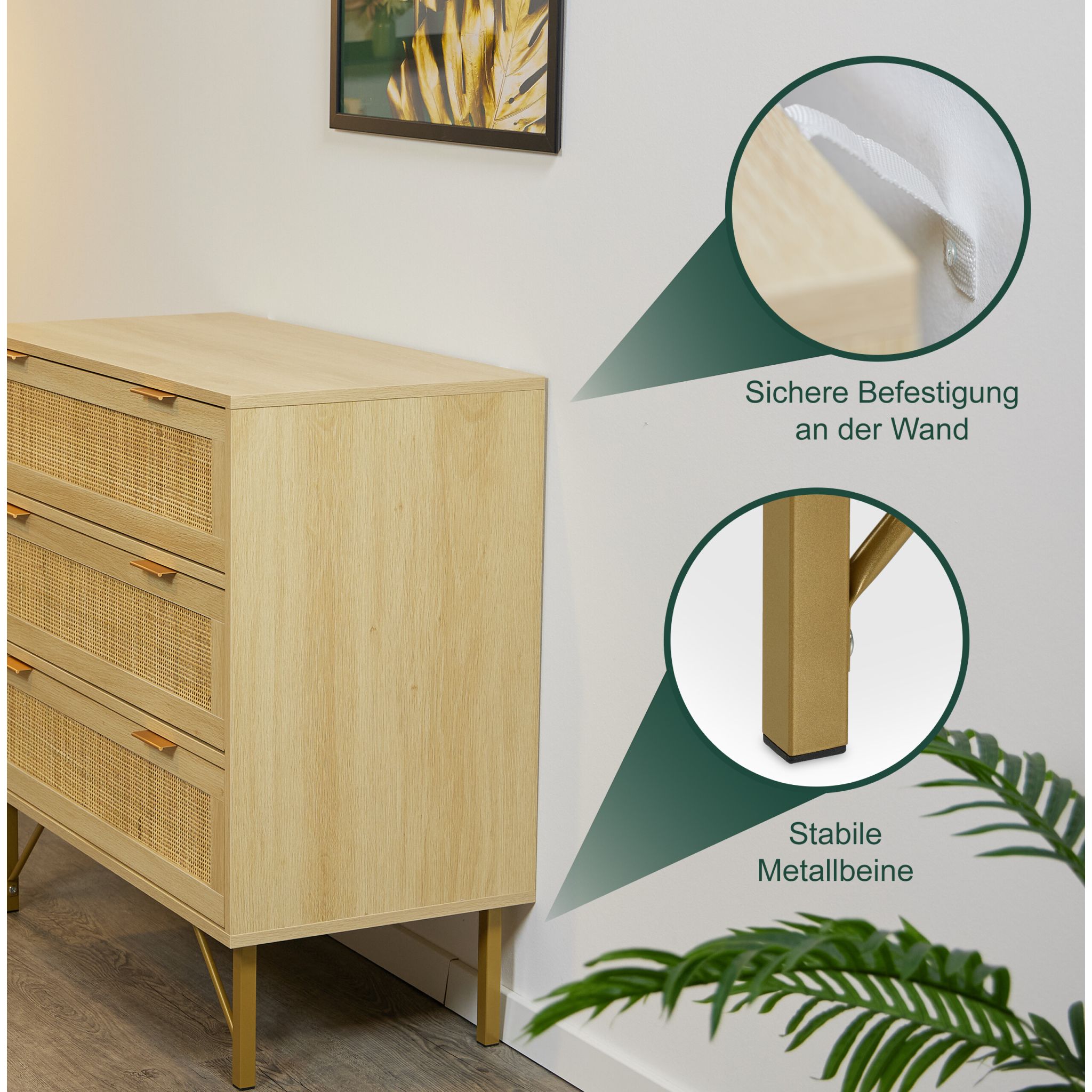Kommode 3 Schubladen Rattanoptik Gold-Hellbraun von Relaxdays