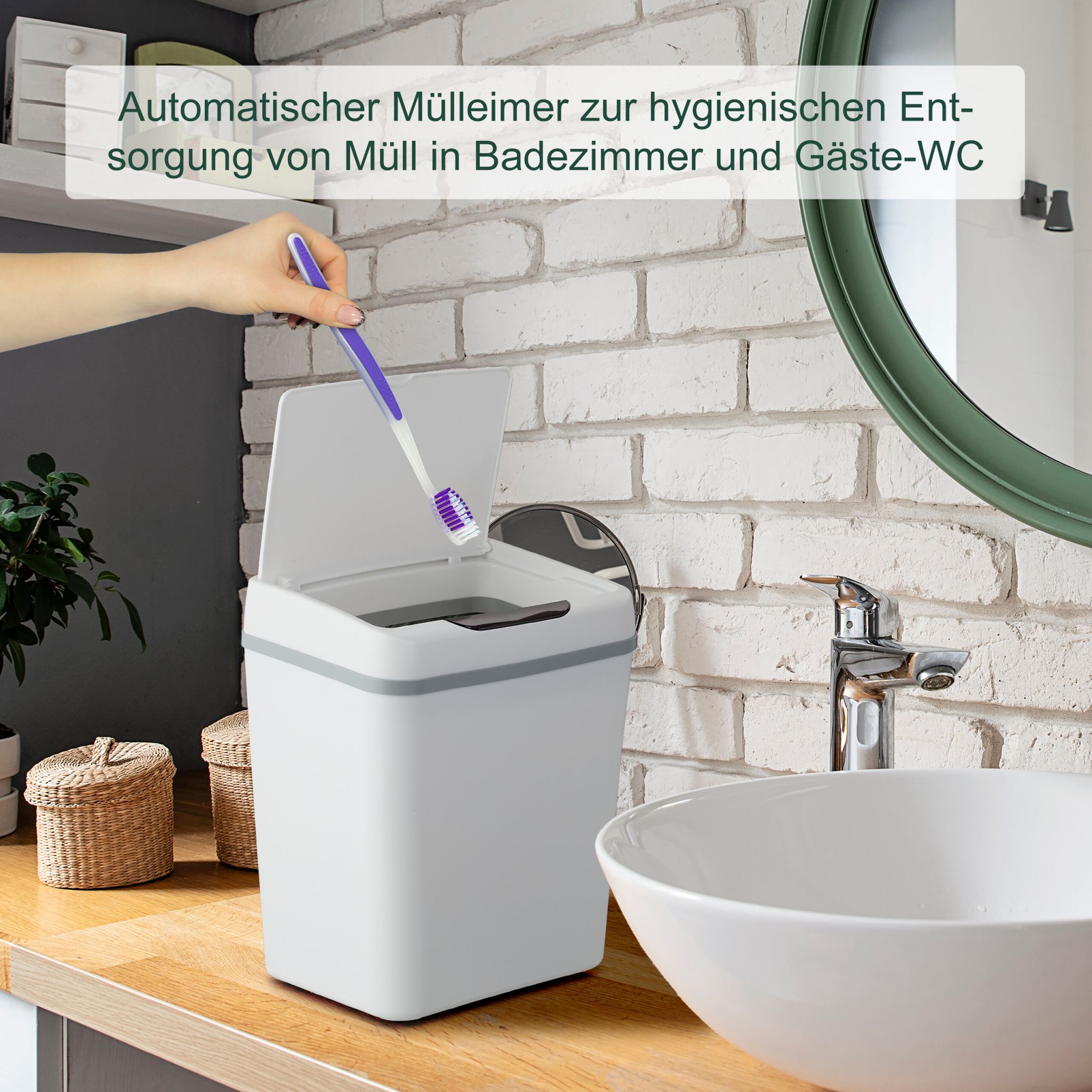 Bad Mülleimer 9L mit Sensor Weiss-Schwarz-Grau von Relaxdays