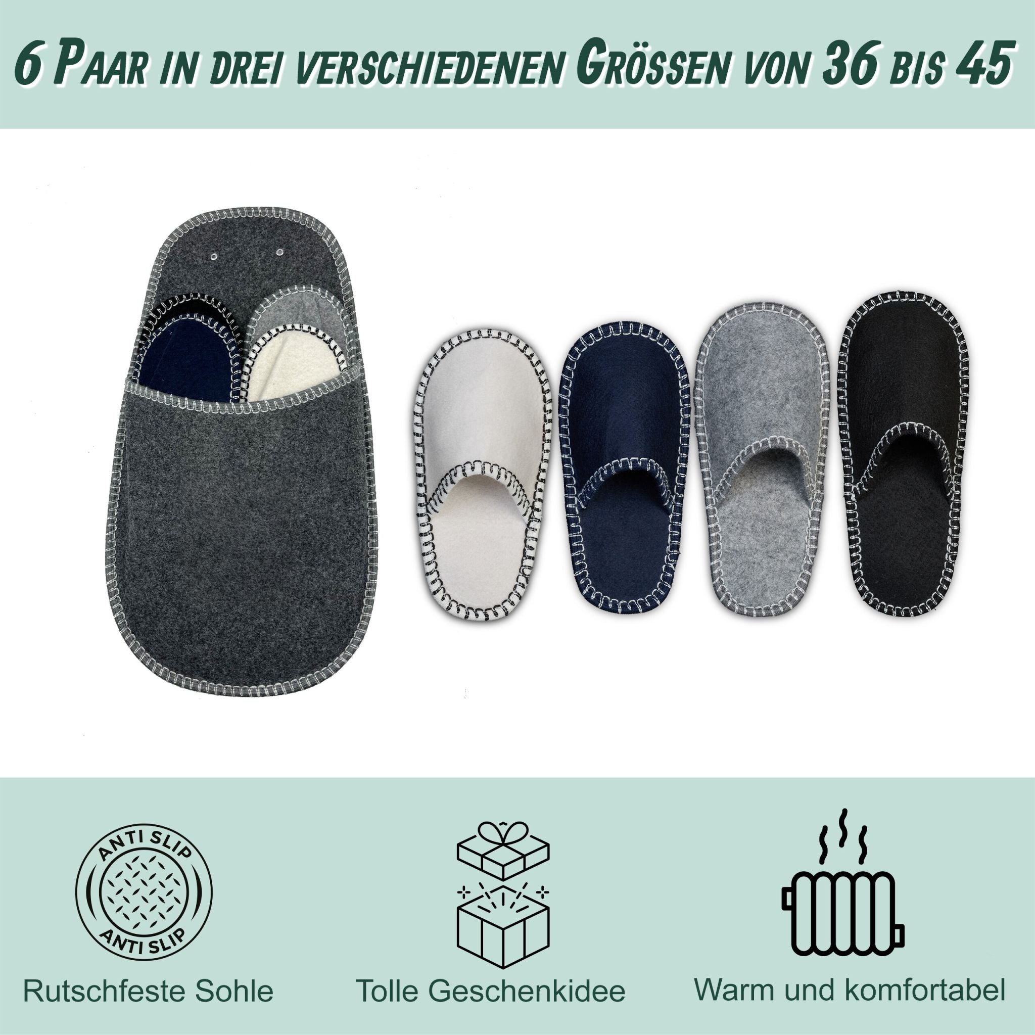 Gästehausschuhe Filz 6er-Set Weiss-Schwarz-Grau von Relaxdays